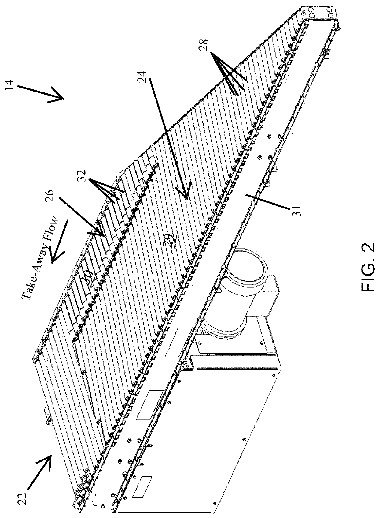 Positive displacement sorter with parallel divert and diagonal discharge