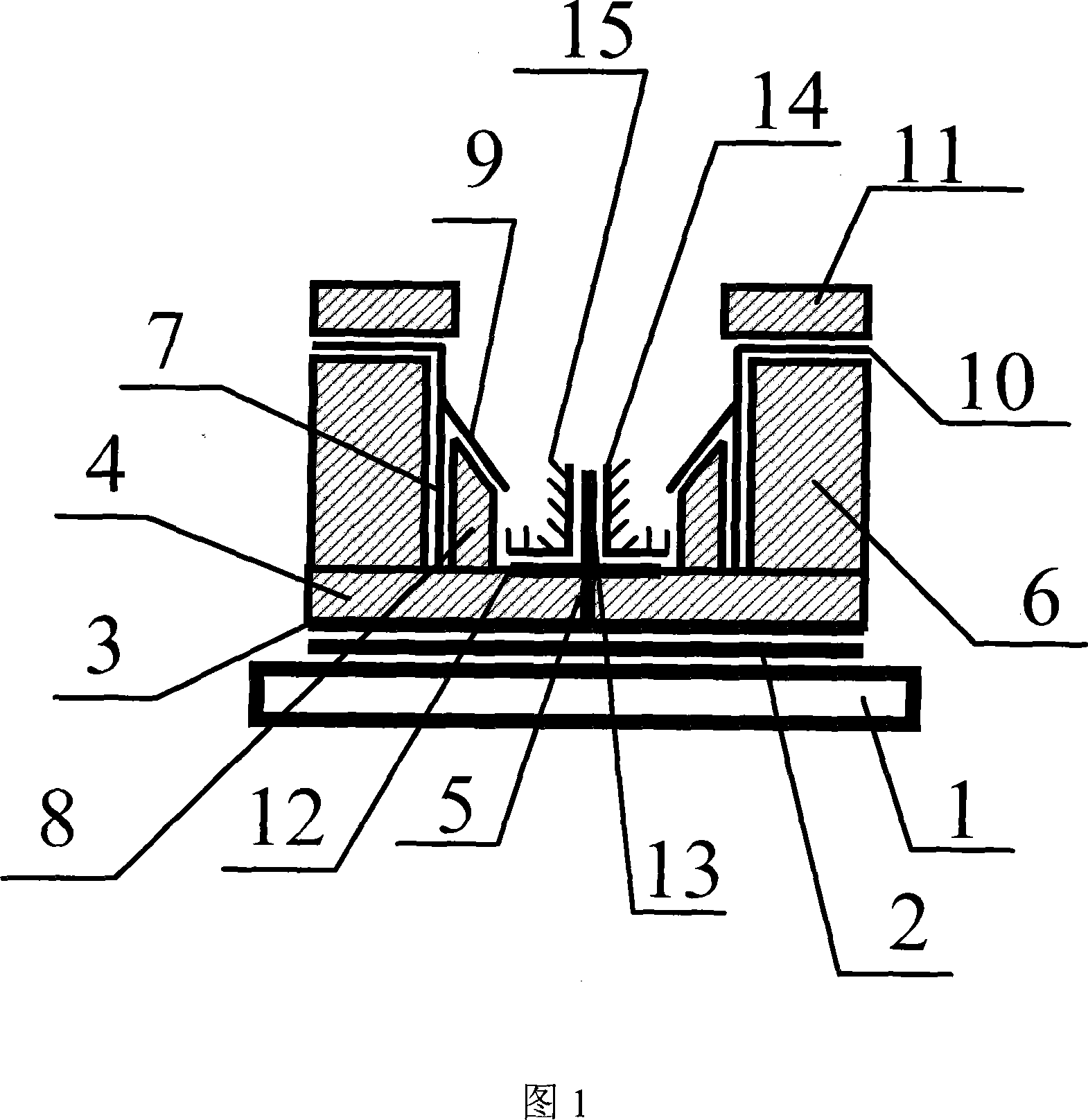 Planar display device with reverse + shaped sided-grid controlled cathode structure and its production