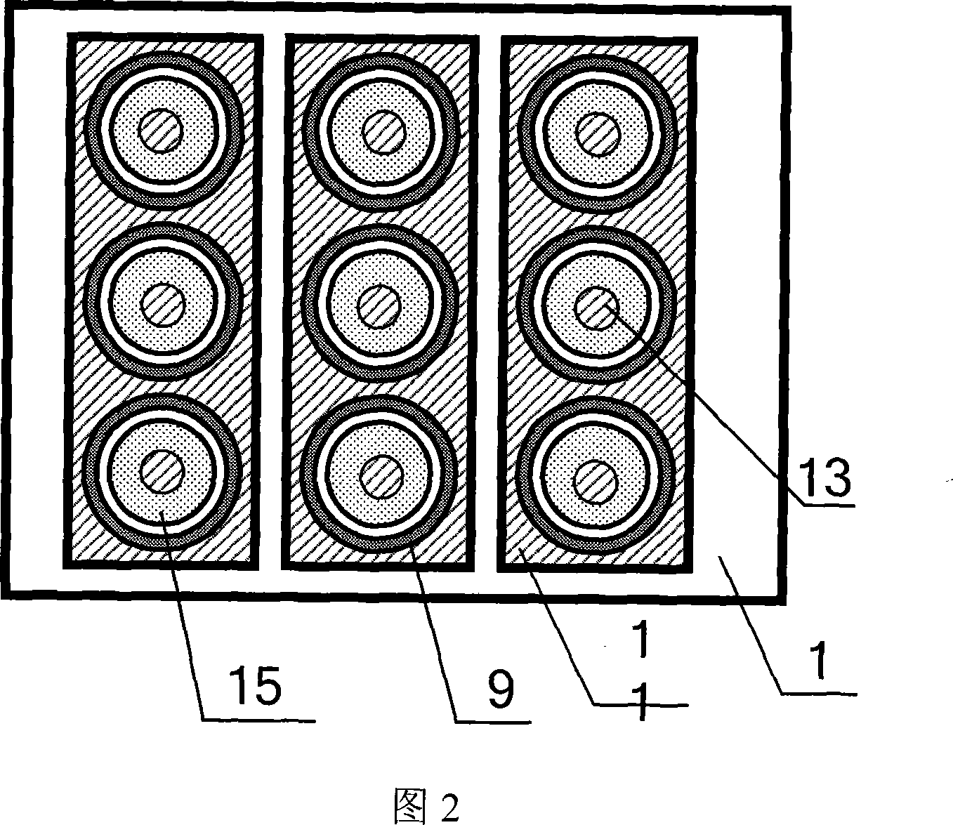 Planar display device with reverse + shaped sided-grid controlled cathode structure and its production