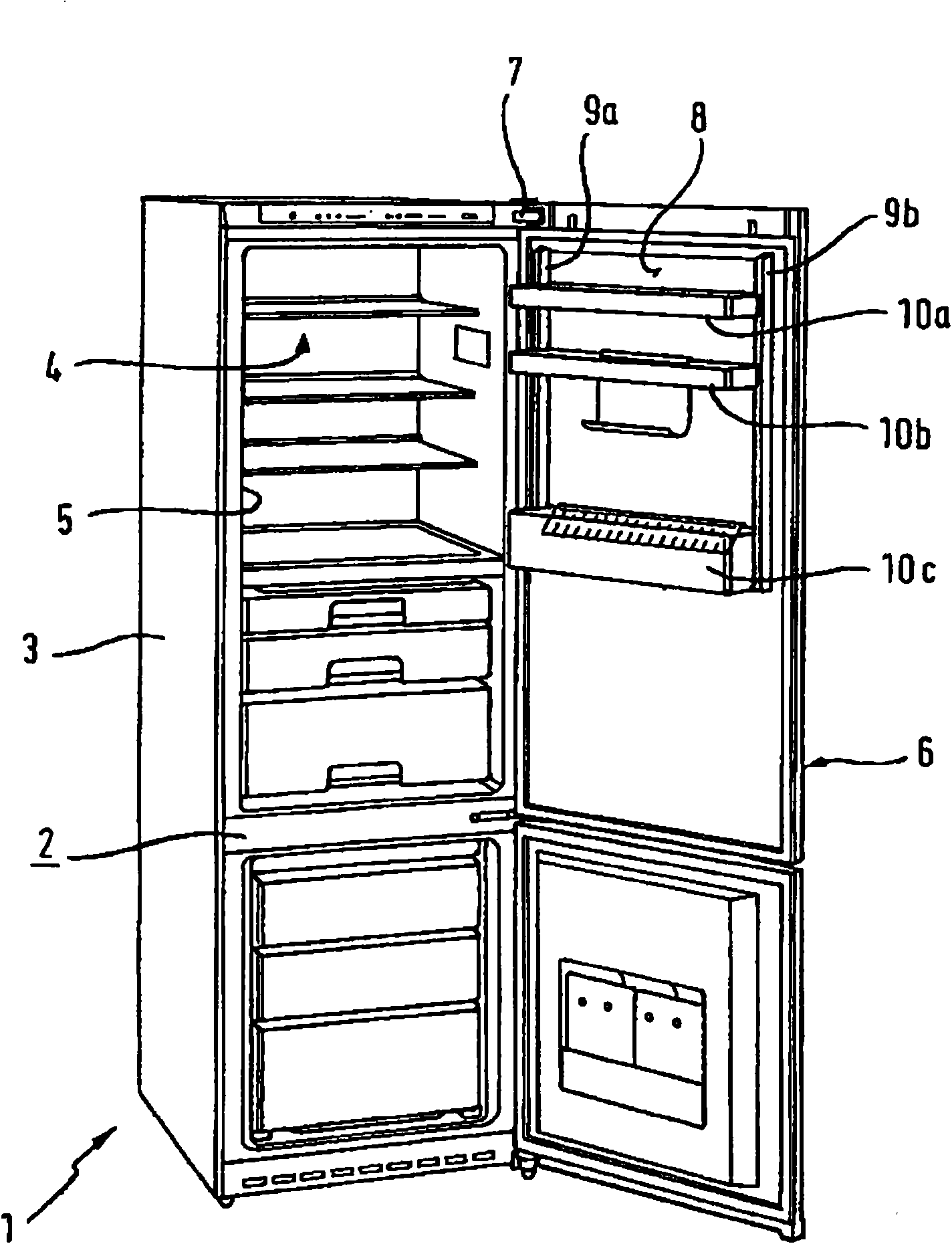 Refrigerator and associated two-piece detent means arrangement