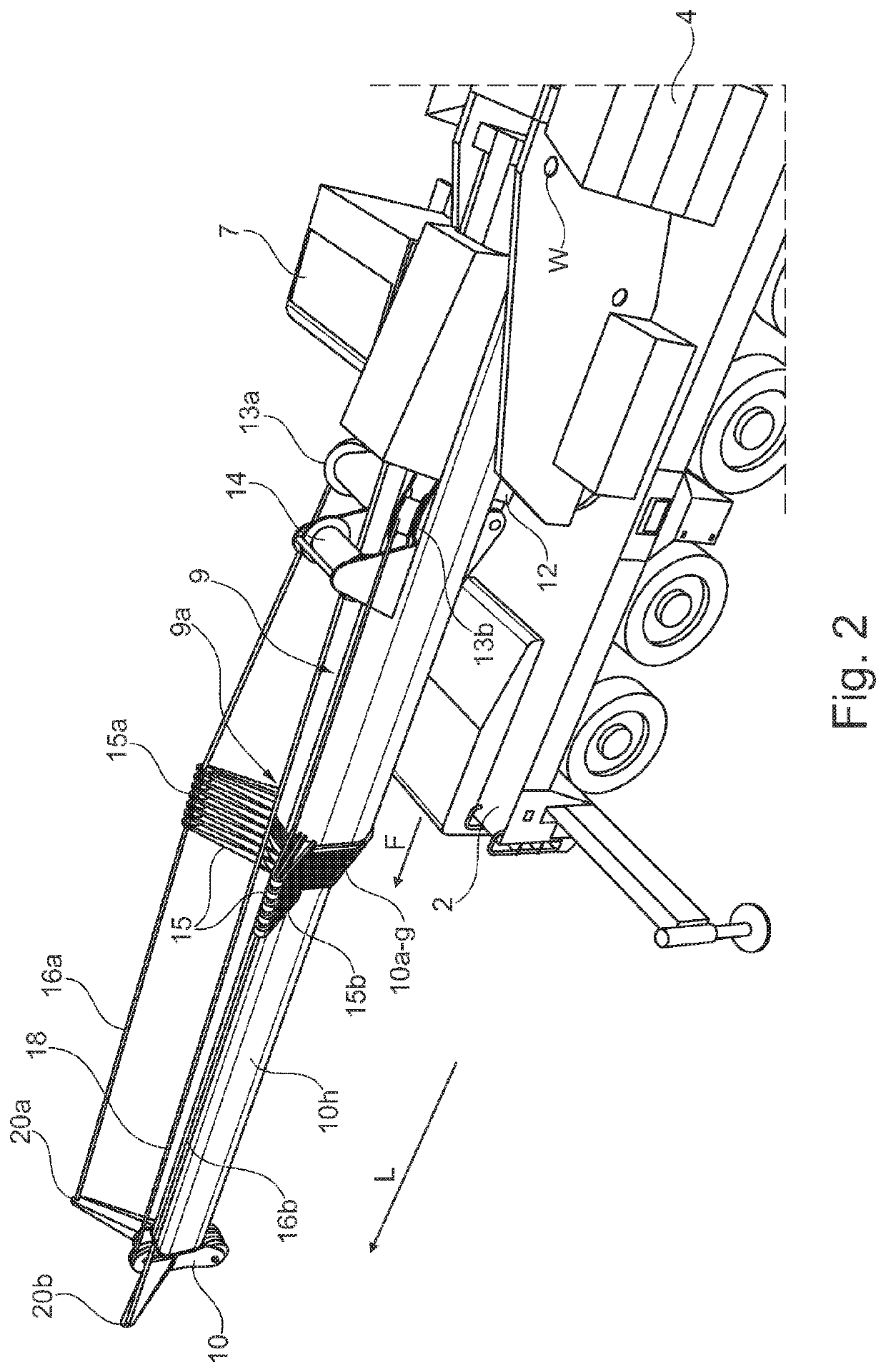 Telescoping jib comprising a guying system for a mobile crane and guying method therefor