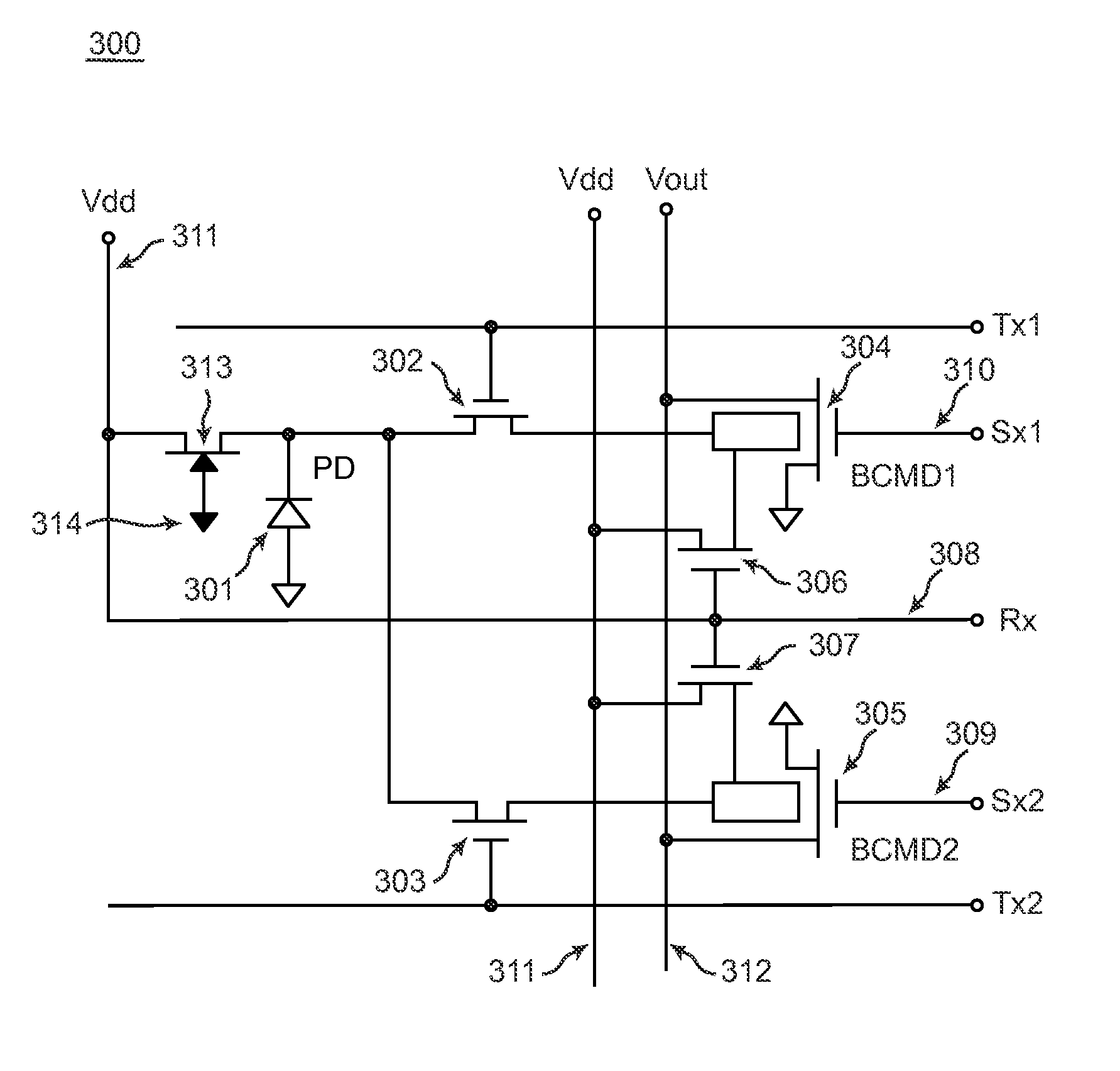 CMOS image sensor with global shutter, rolling shutter, and a variable conversion gain, having pixels employing several BCMD transistors coupled to a single photodiode and dual gate BCMD transistors for charge storage and sensing