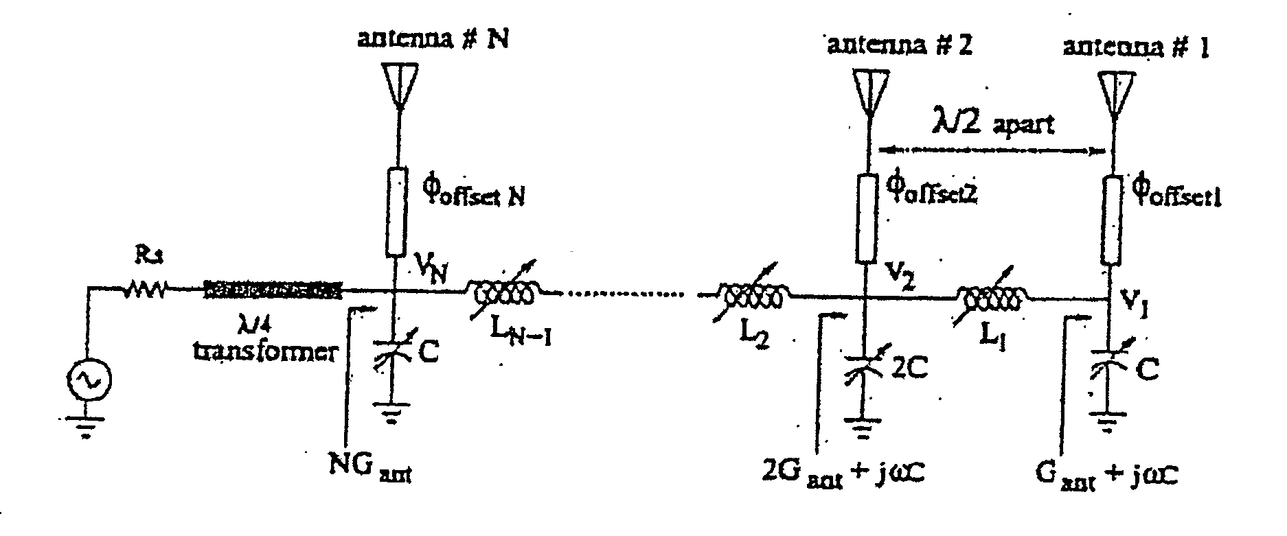 Phased array antenna with extended resonance power divider/phase shifter circuit