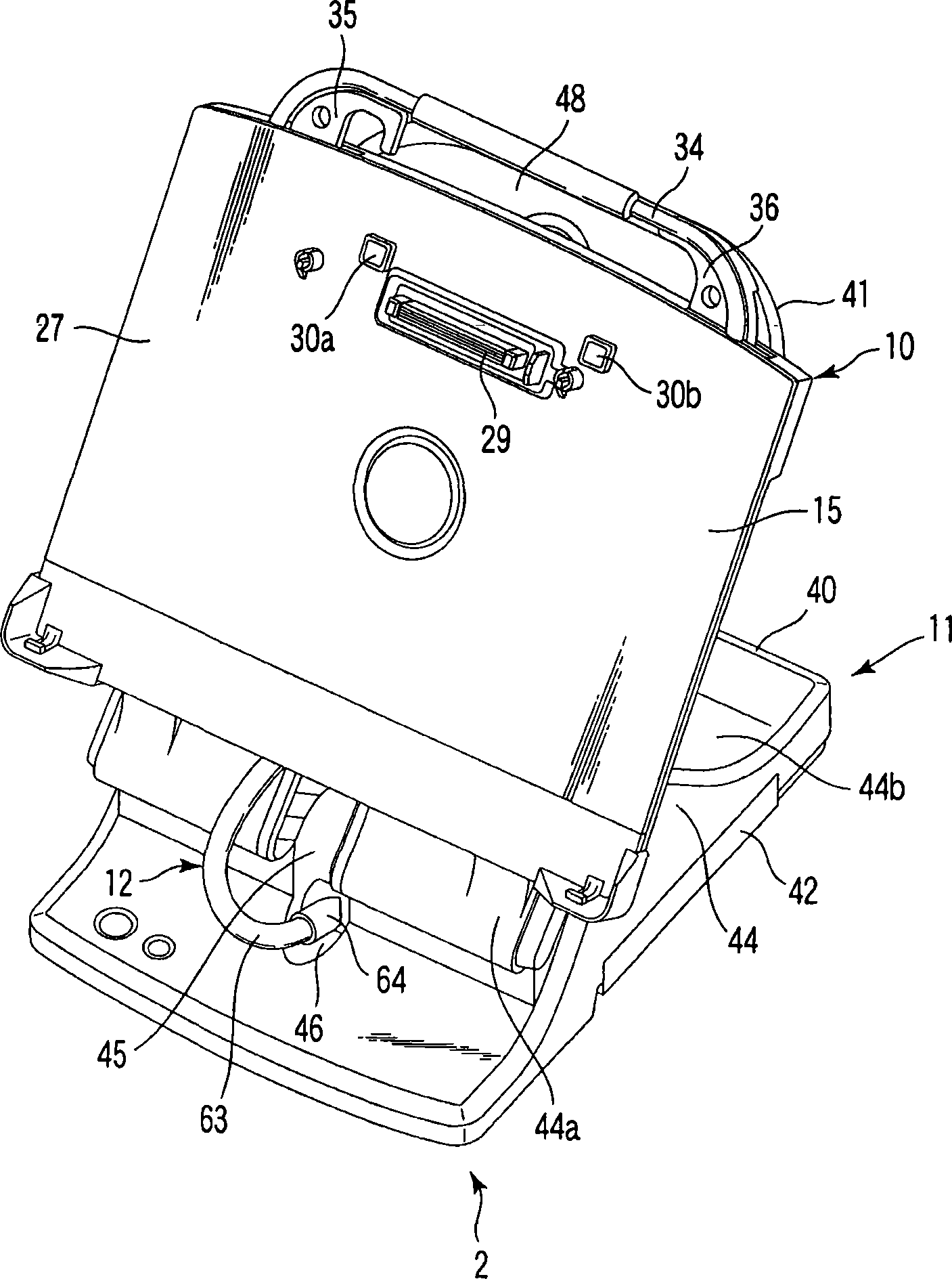 Supporting device having cable extending between two housings