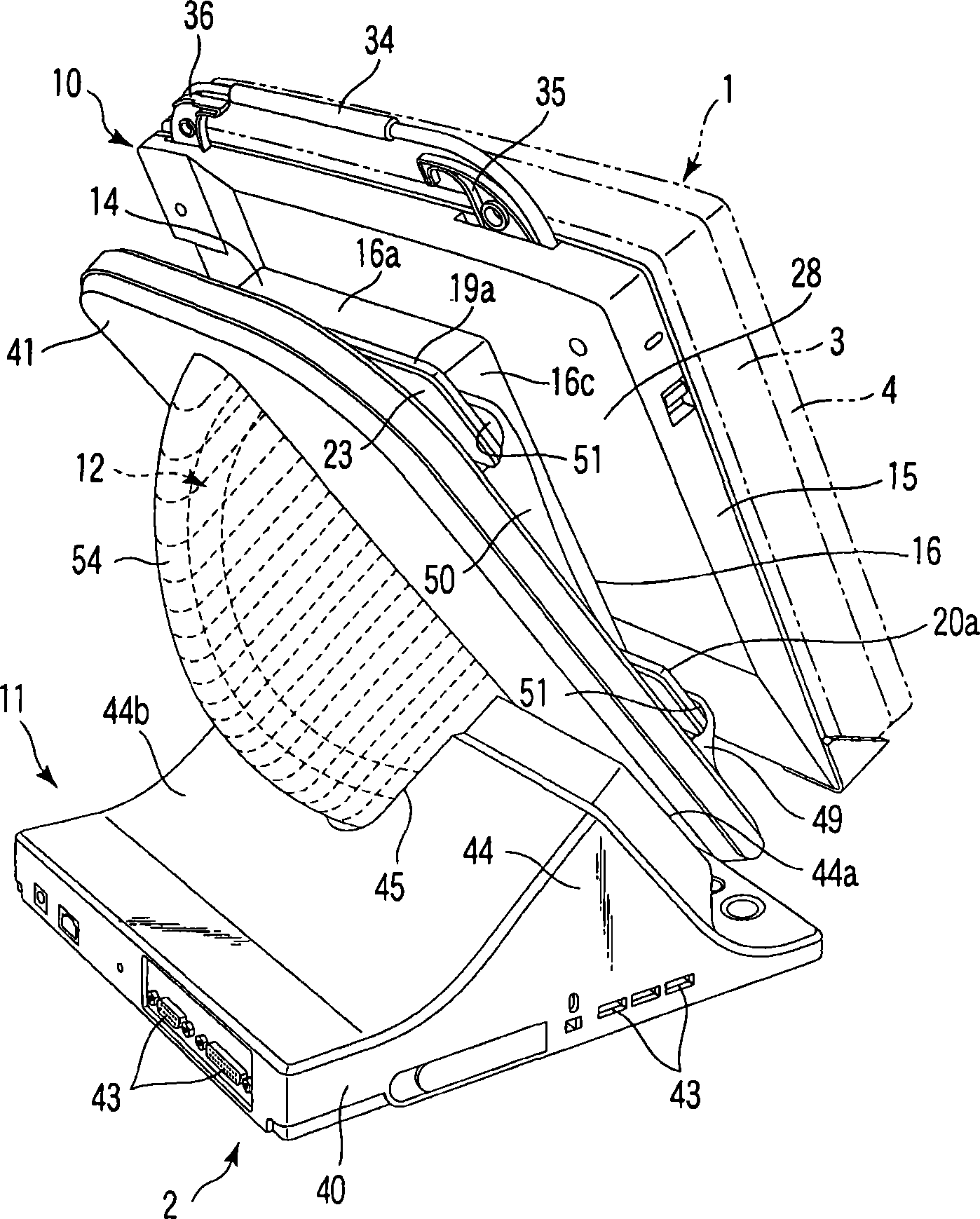 Supporting device having cable extending between two housings