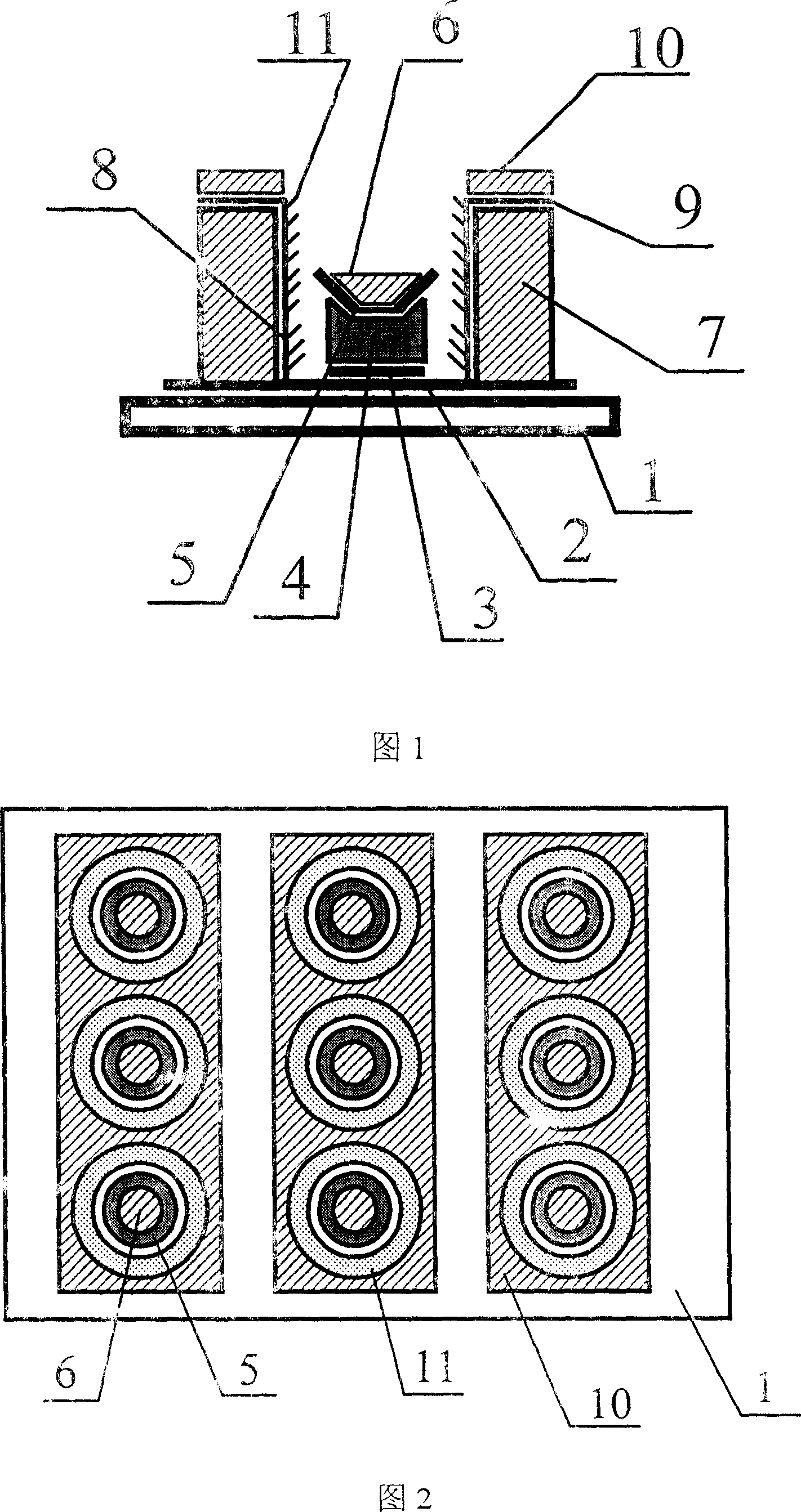 Flat-board display of round grid side-wall emitting structure and mfg. process