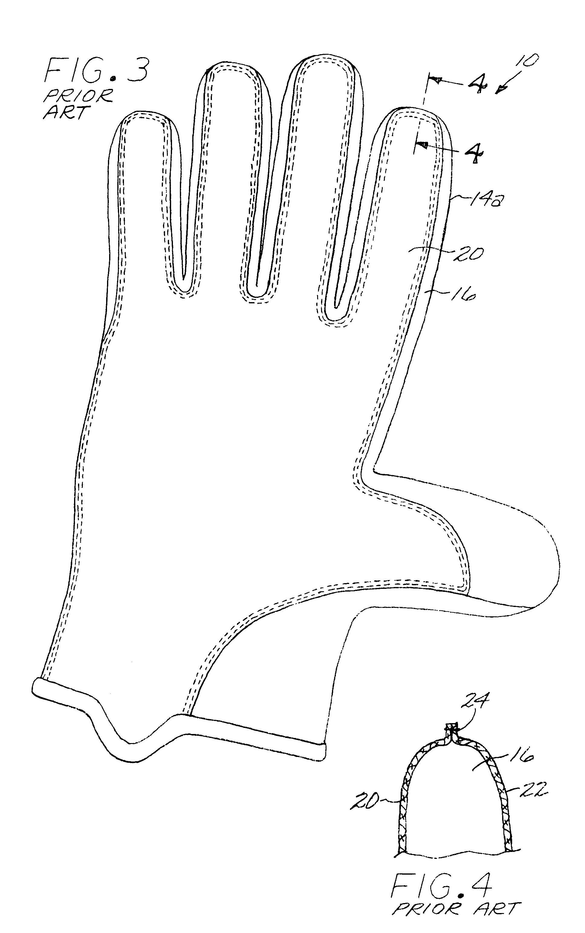 Glove construction wherein palm material rolls over fingertip