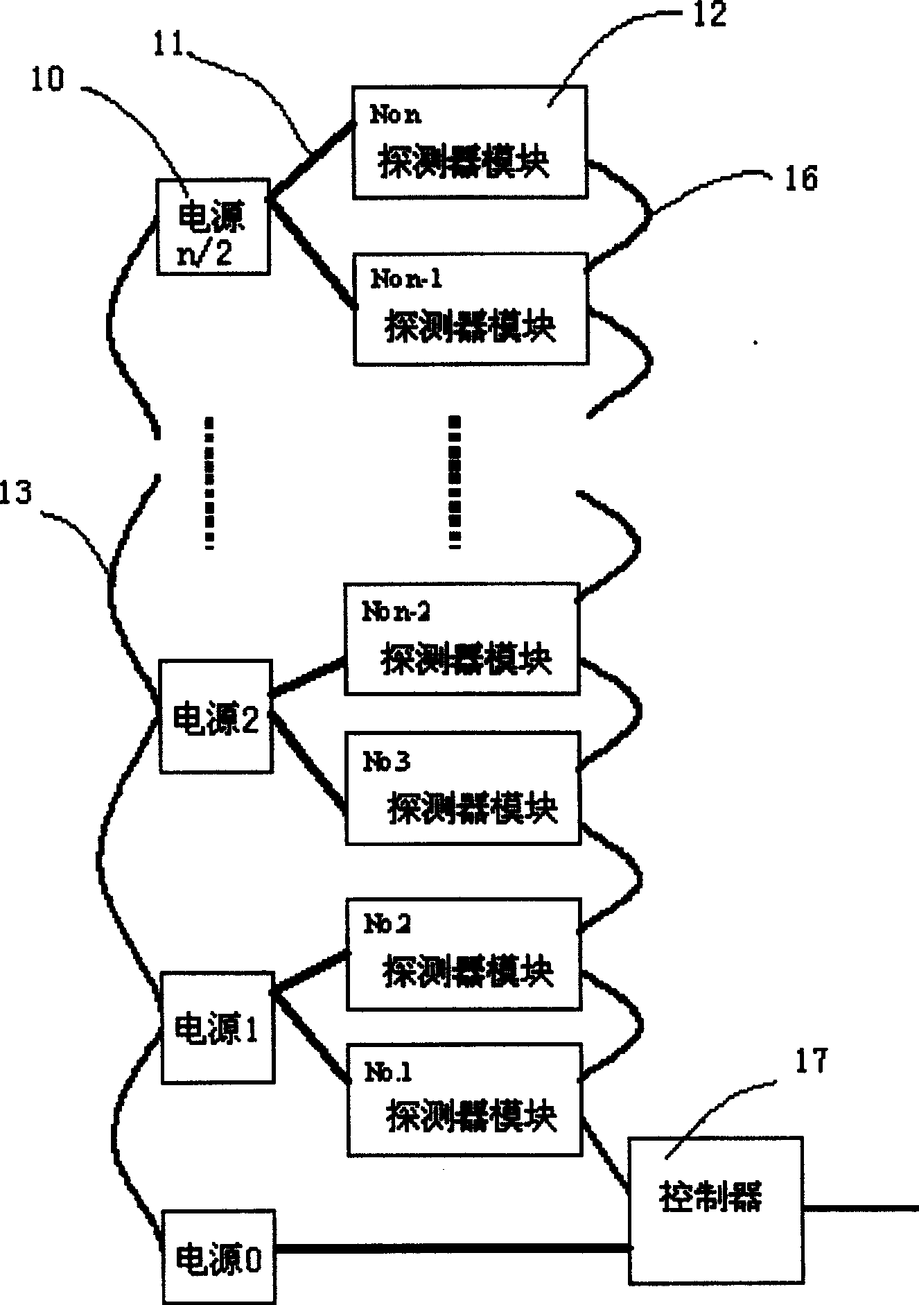 Connecting method and its connecting device for detector module circuit in container detecting system