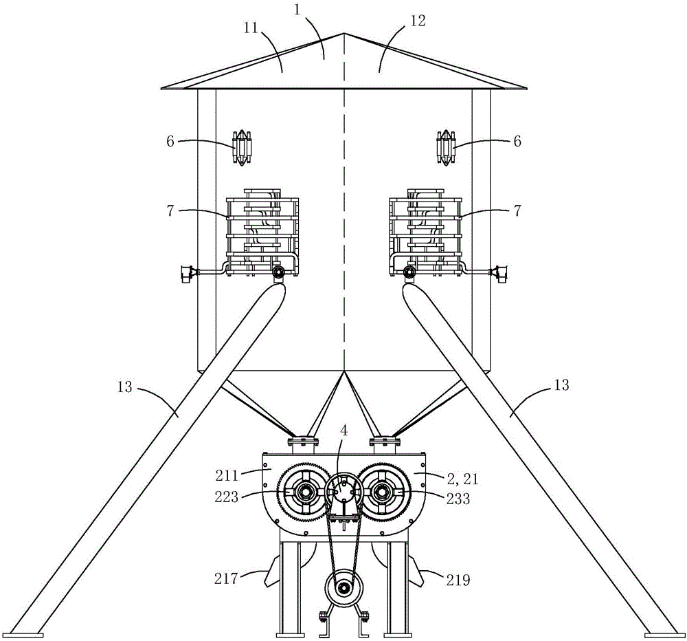 Self-discharging double-body barn provided with ventilating and heat-exchange systems