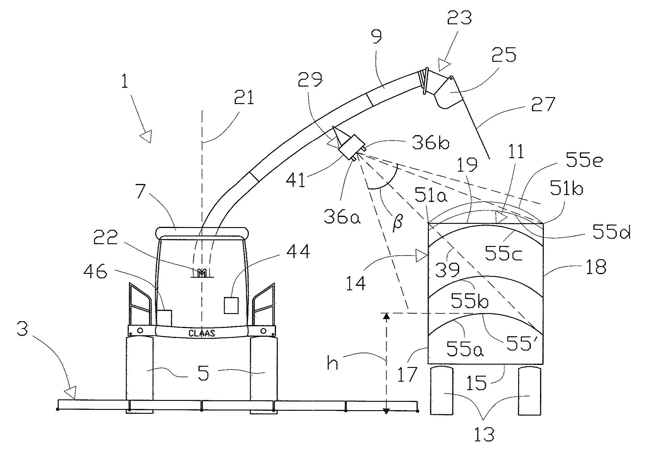 Filling degree gauge, agricultural vehicle with the gauge, and method of measuring and displaying residual filling potential of target area