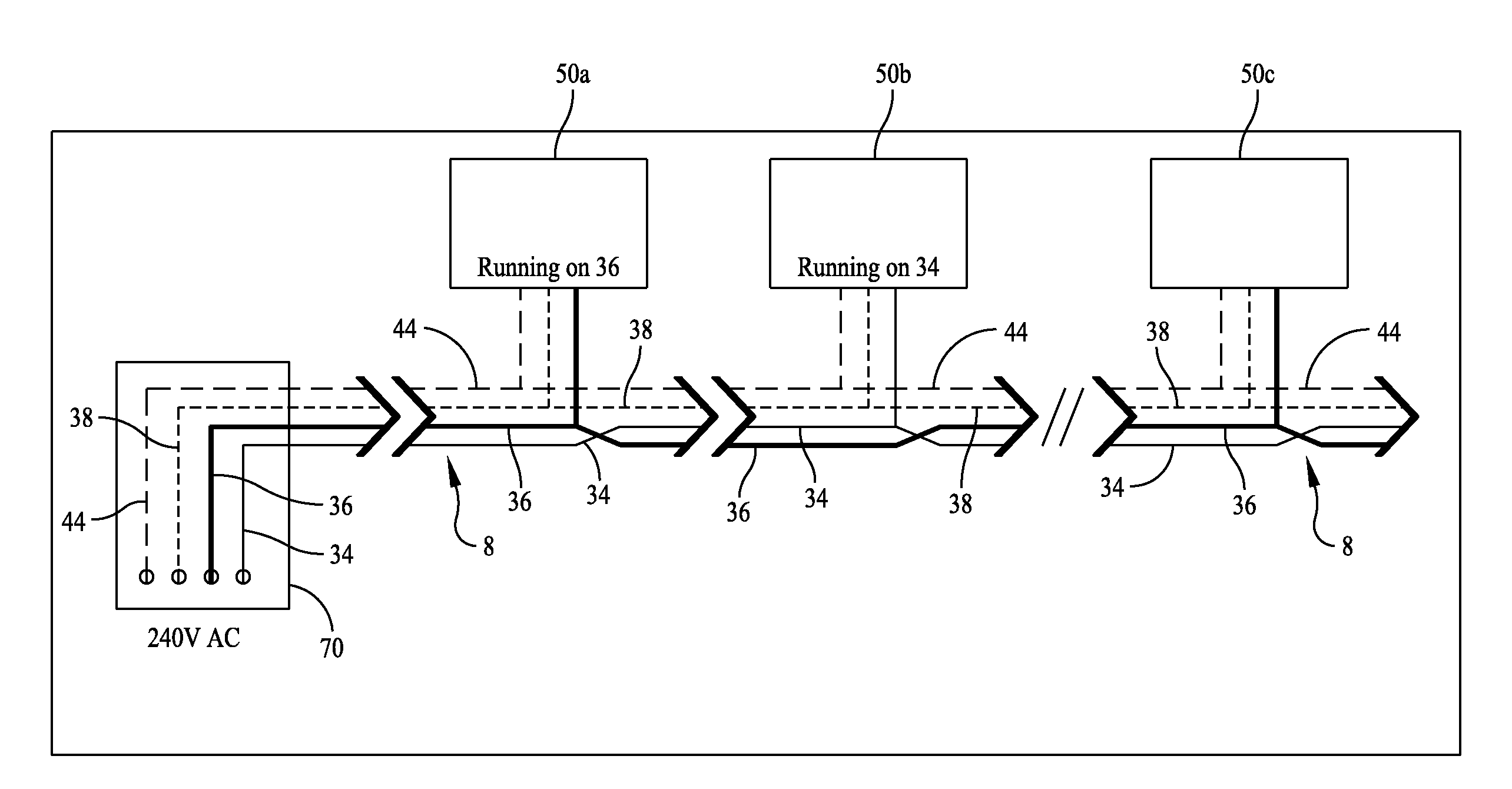 Electrical cable harness and assembly for transmitting ac electrical power