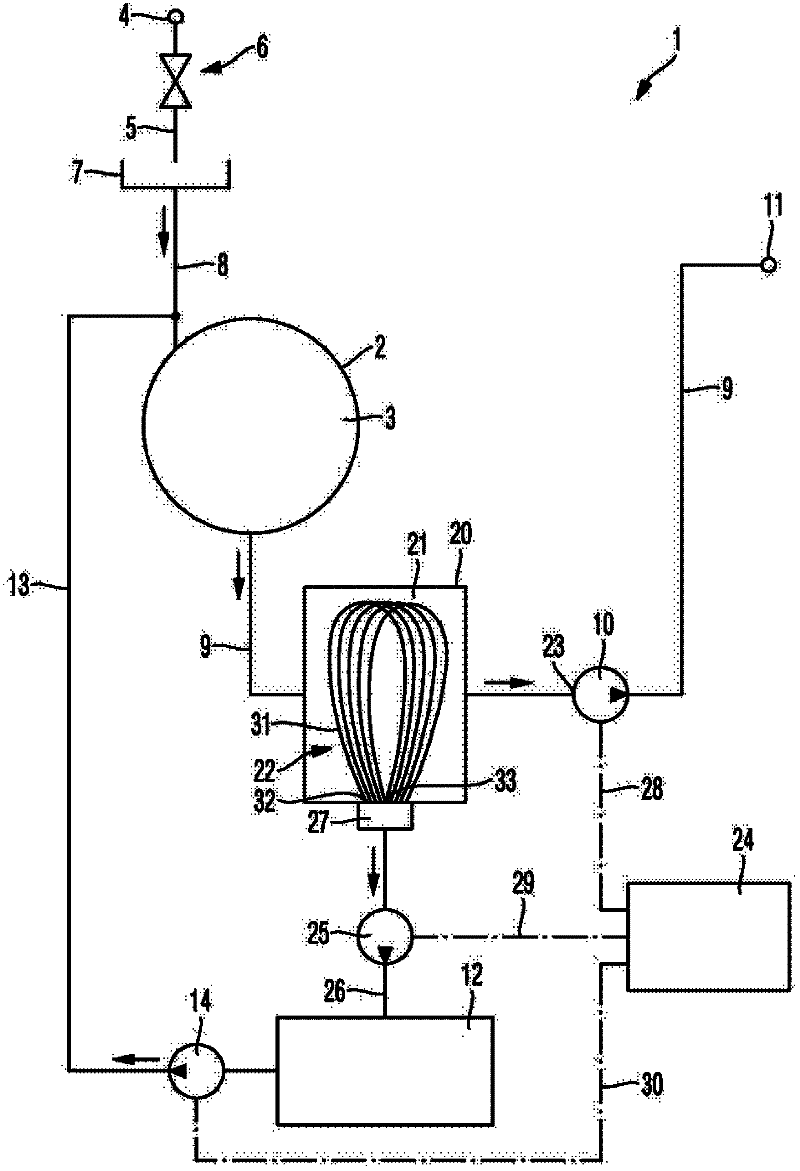 Water-bearing household appliance having a filter device in the pumping-away section and storage tank