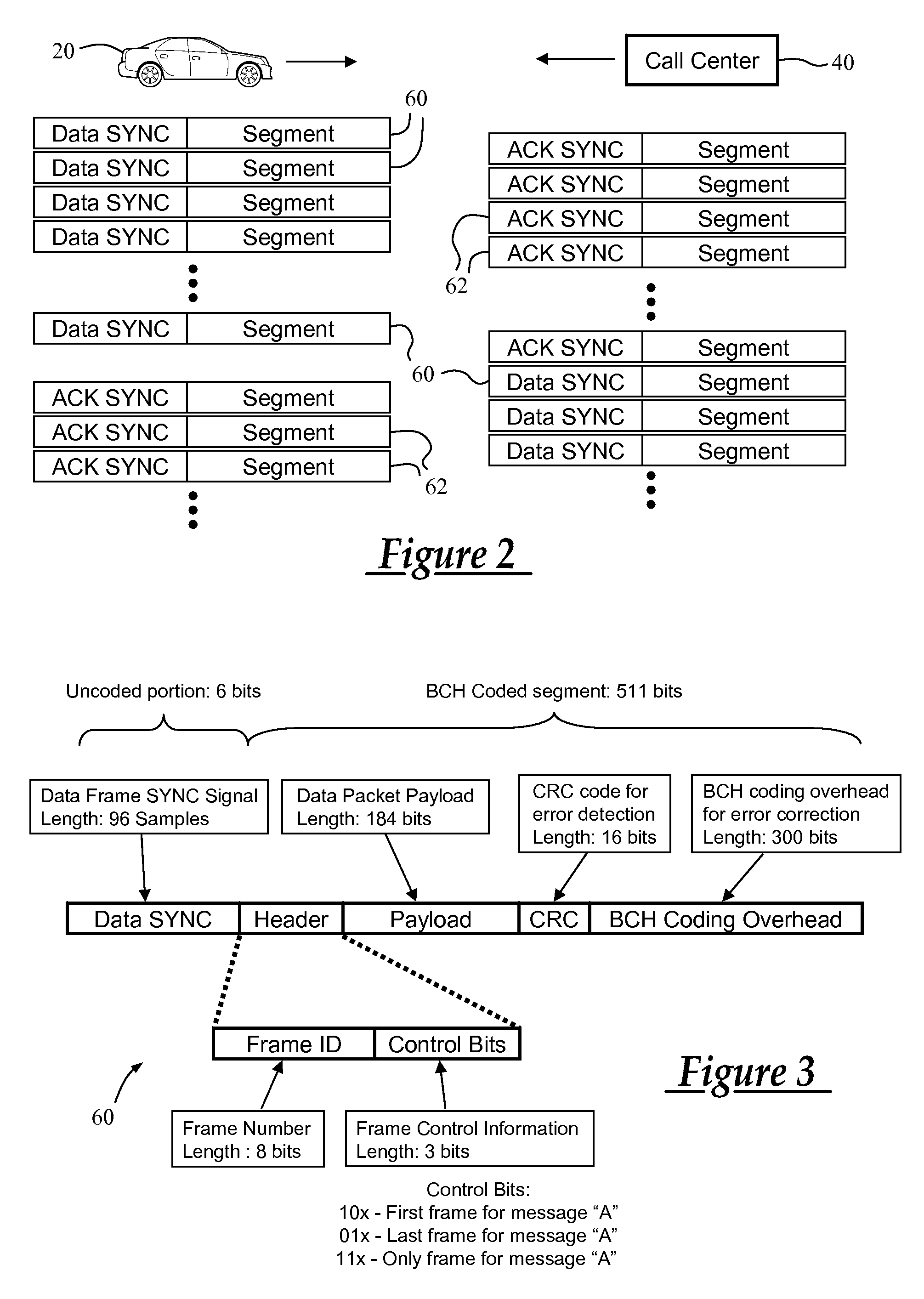 Synchronization and segment type detection method for data transmission via an audio communication system