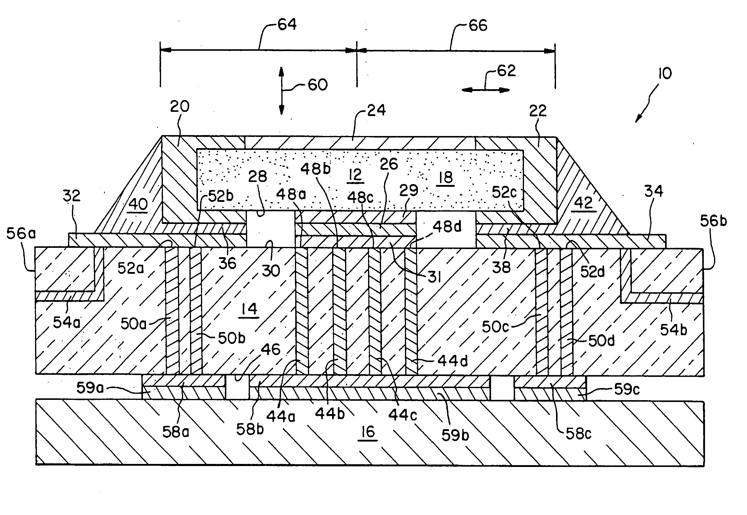 Discrete electronic component arrangement including anchoring, thermally conductive pad