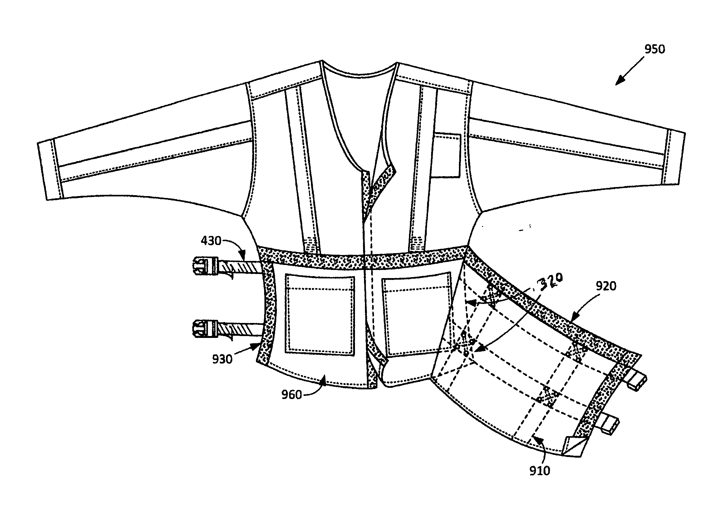 System reinforced handles attached to a lower torso flap inset of a garment