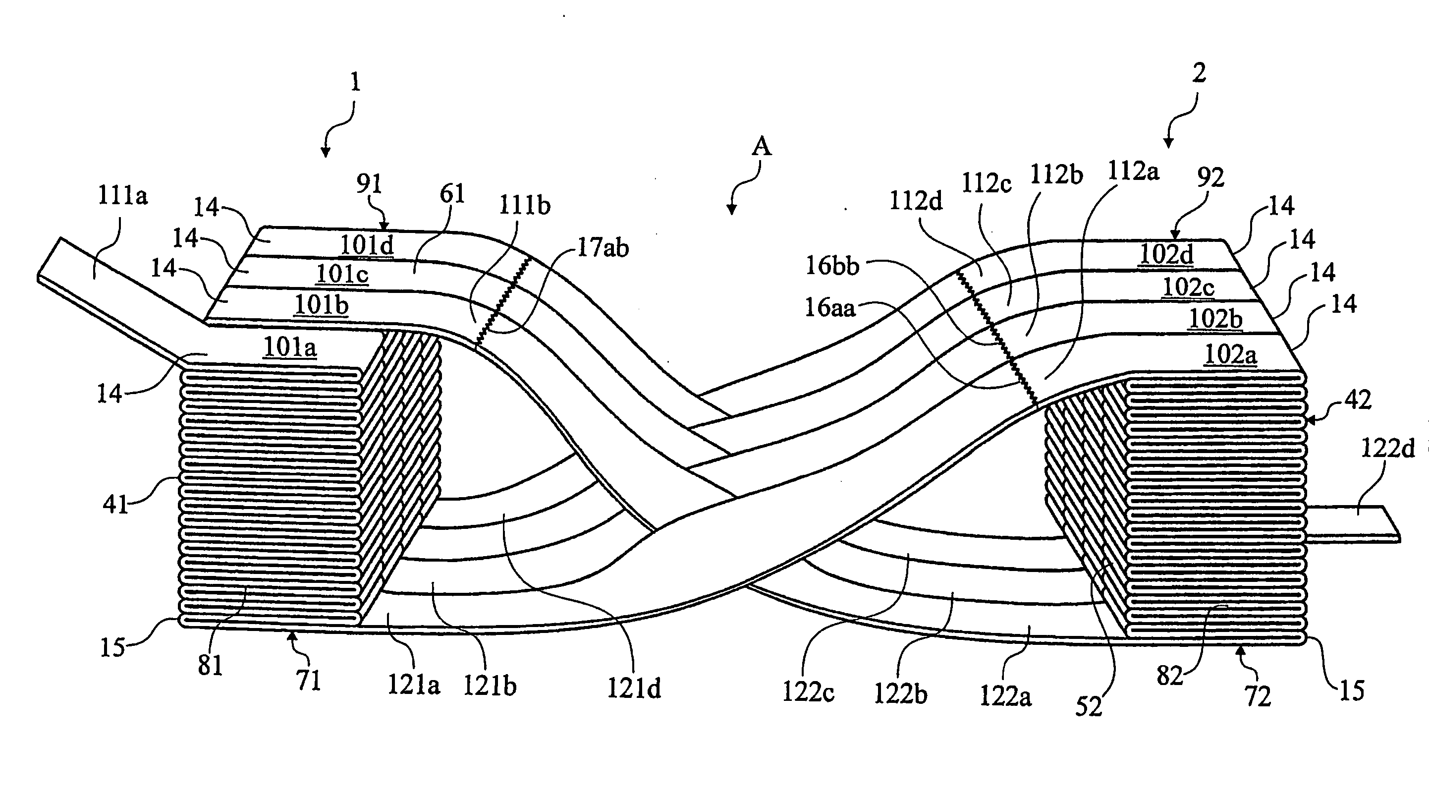 Assembly containing stacks of a web of material