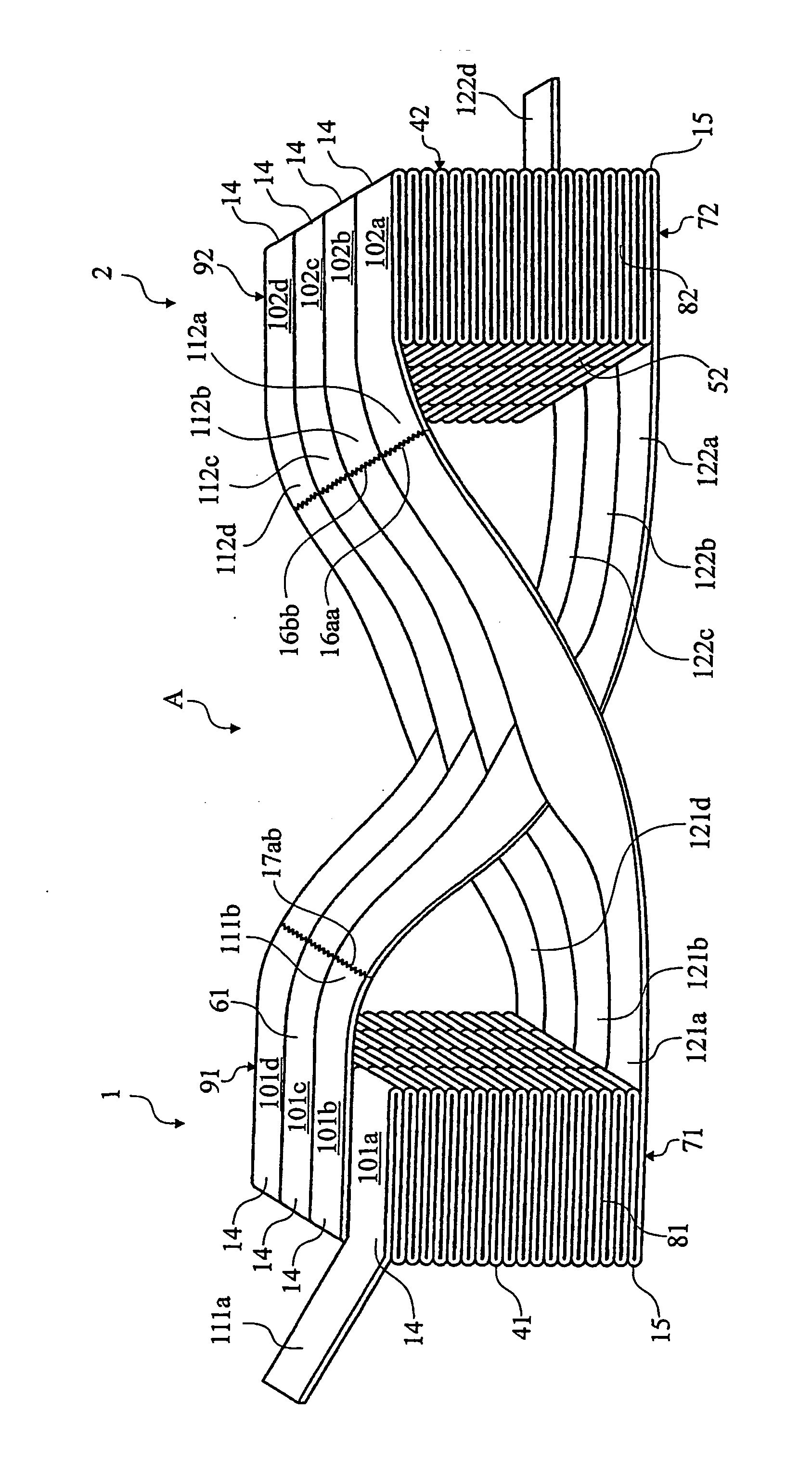 Assembly containing stacks of a web of material