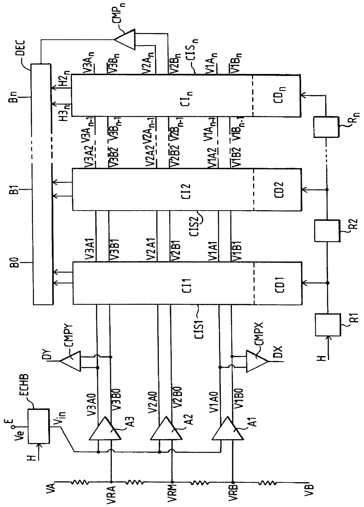 Analog to digital converter using several cascade-connected interpolation circuits