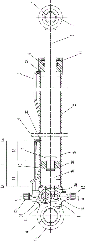 A shock-absorbing oil cylinder used for overturning cabs of medium-heavy vehicles