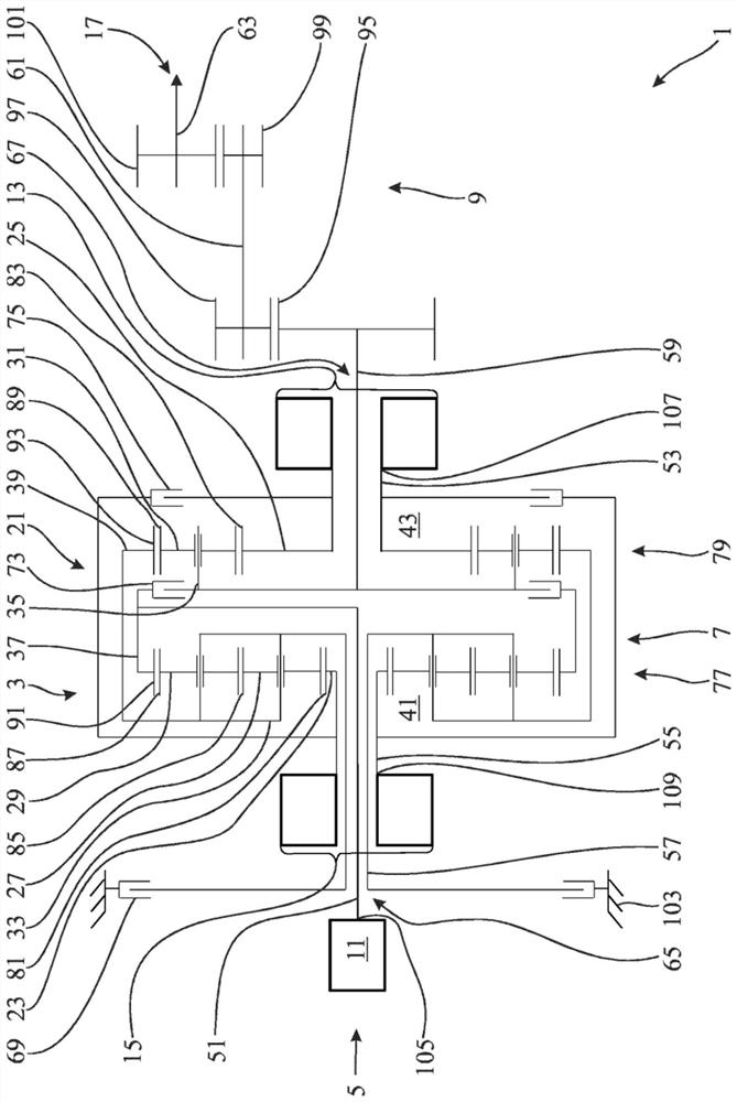 Dedicated hybrid transmission, particularly as part of a drive train, and operating method of such a drive train