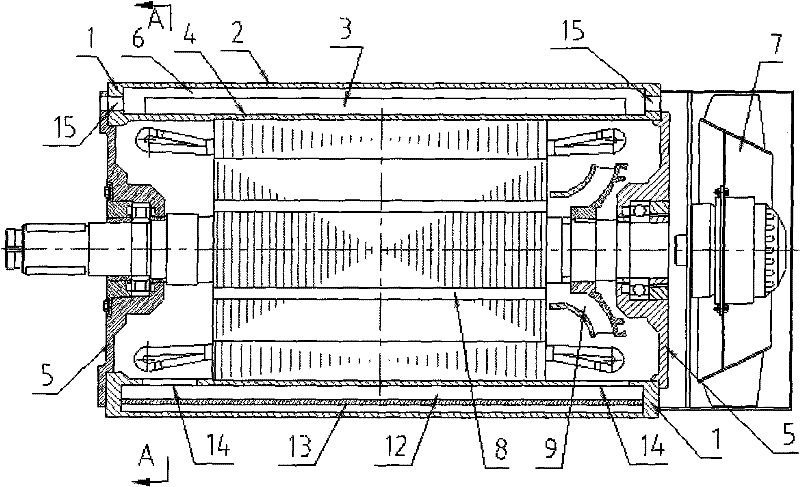 Motor with mixed-flow fan for circulating inner and outer air paths