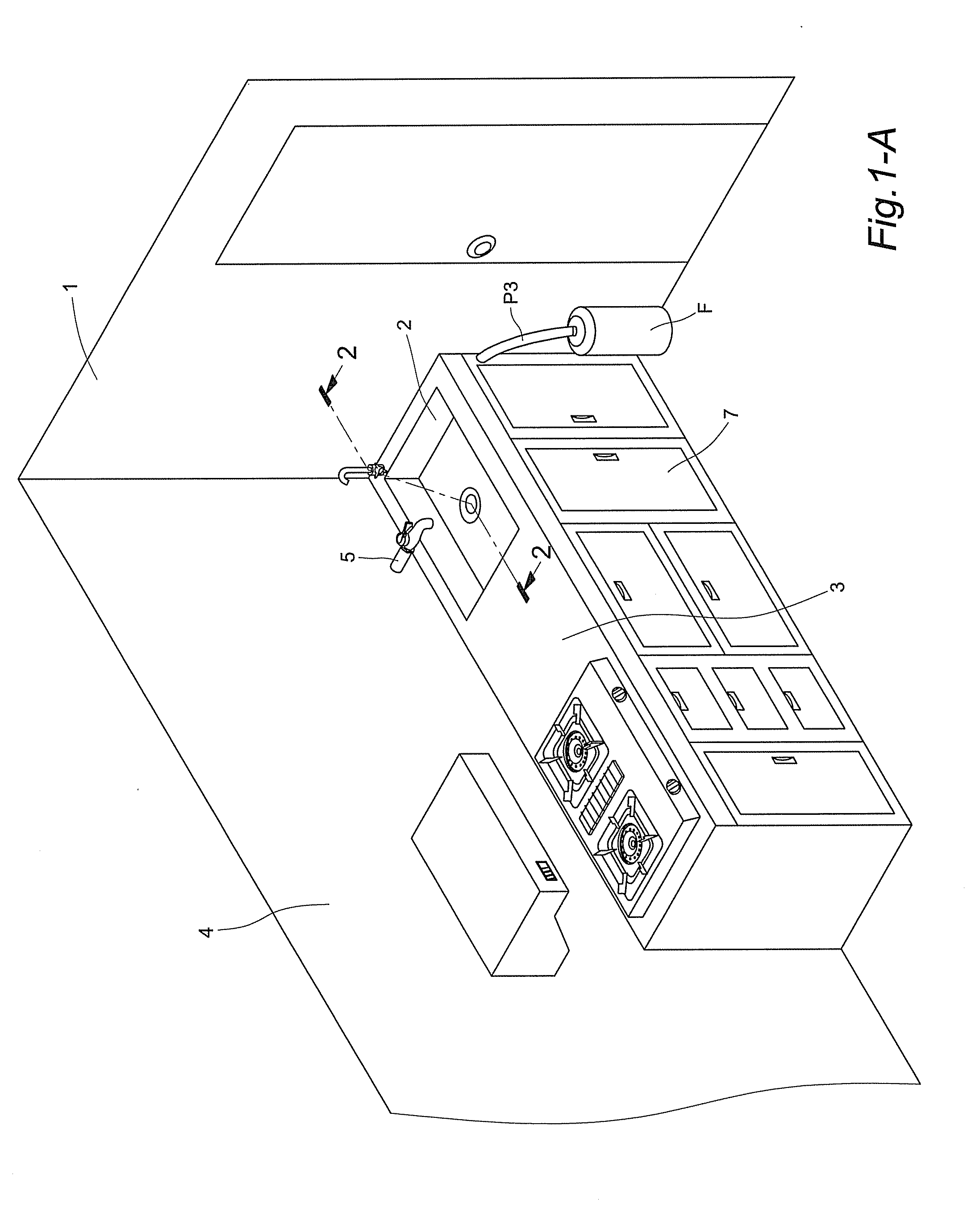 Wall-mounted kitchen-cabinet with storage of non-potable water out of reverse osmosis (RO) water treating machine