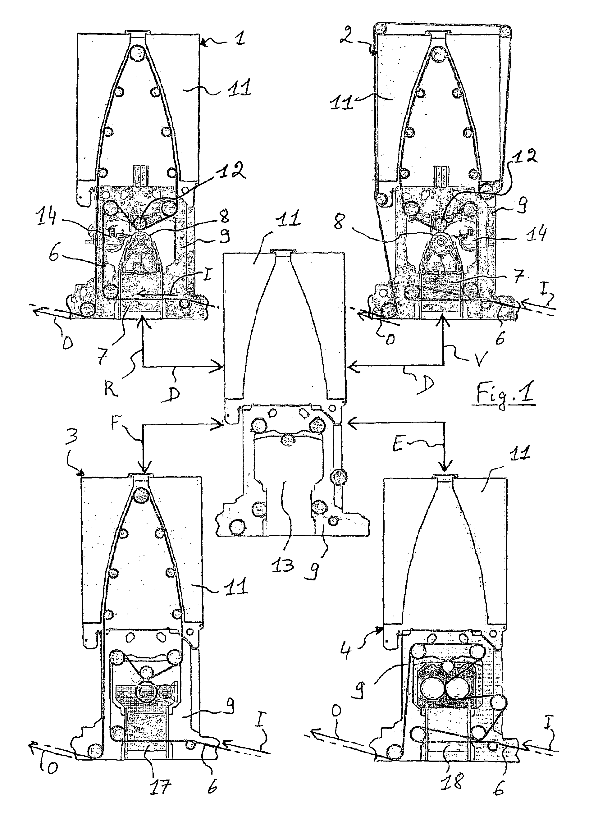 Methods of assembling, dismantling and transforming a print unit intended for a printing machine, and transport device used