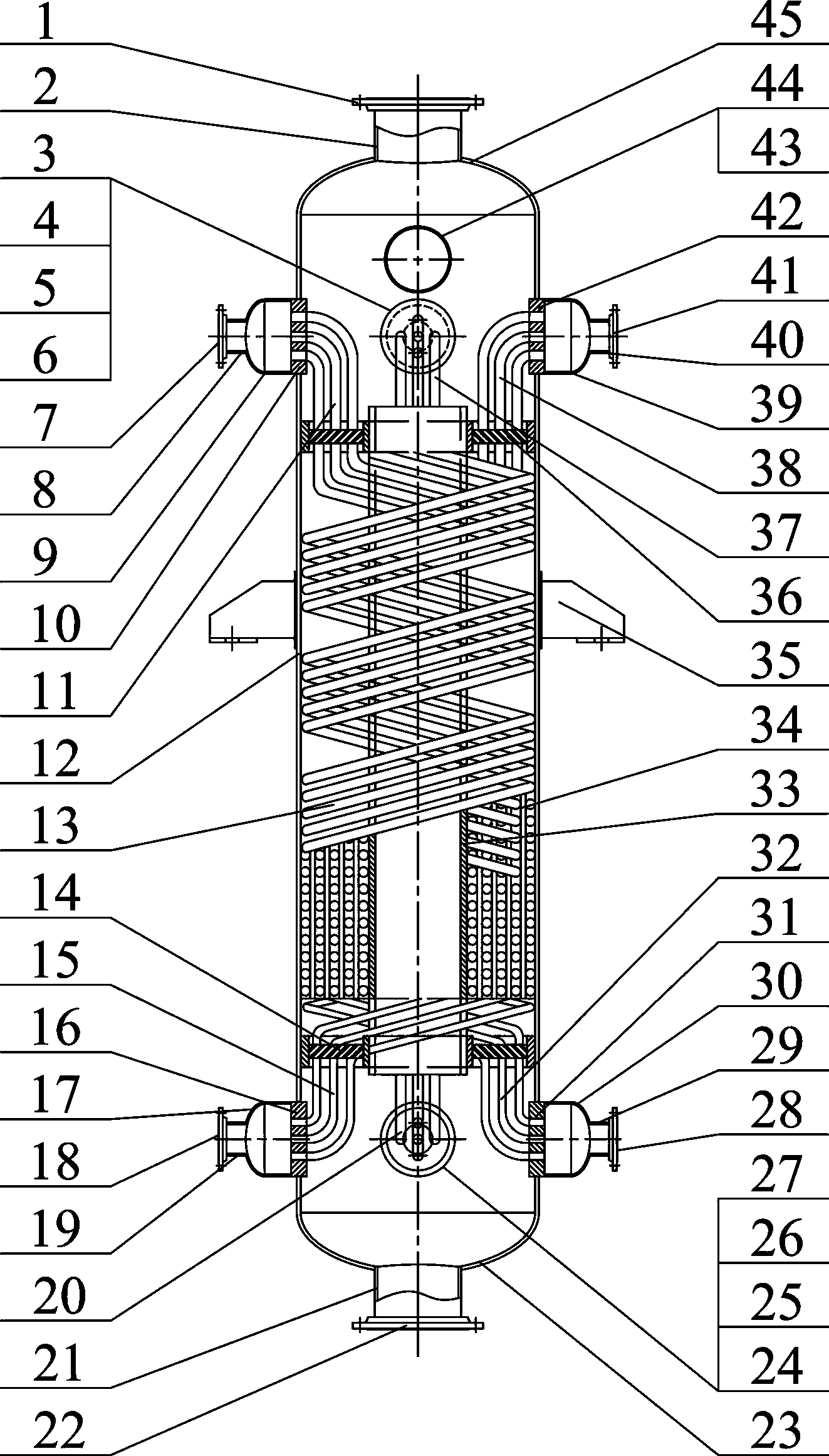 Three-stream spiral wound type heat exchange equipment for secondary refrigeration and low-temperature liquefaction of LNG (liquefied natural gas)