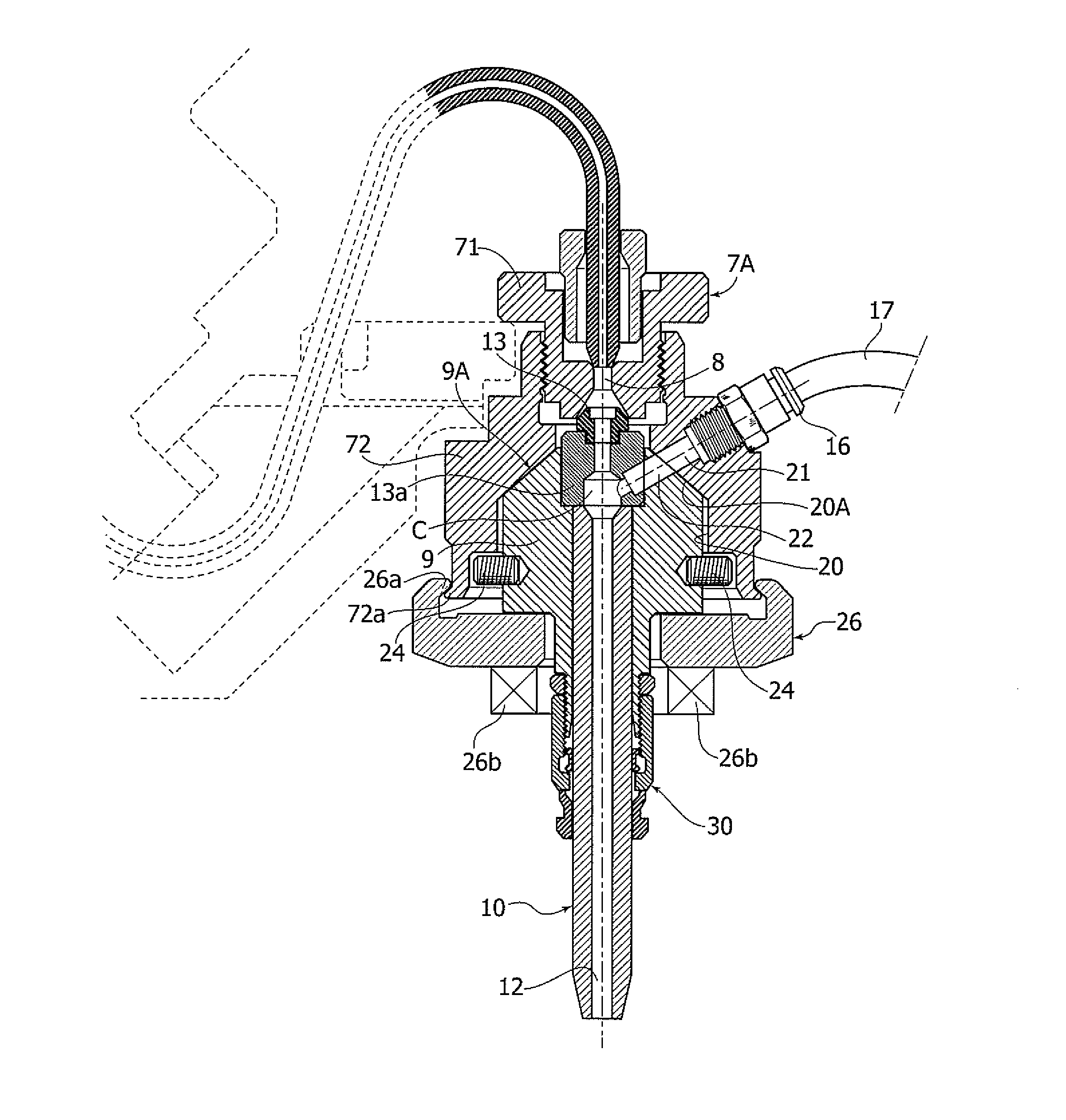 Water-jet operating head for cutting materials with a hydro-abrasive high pressure jet