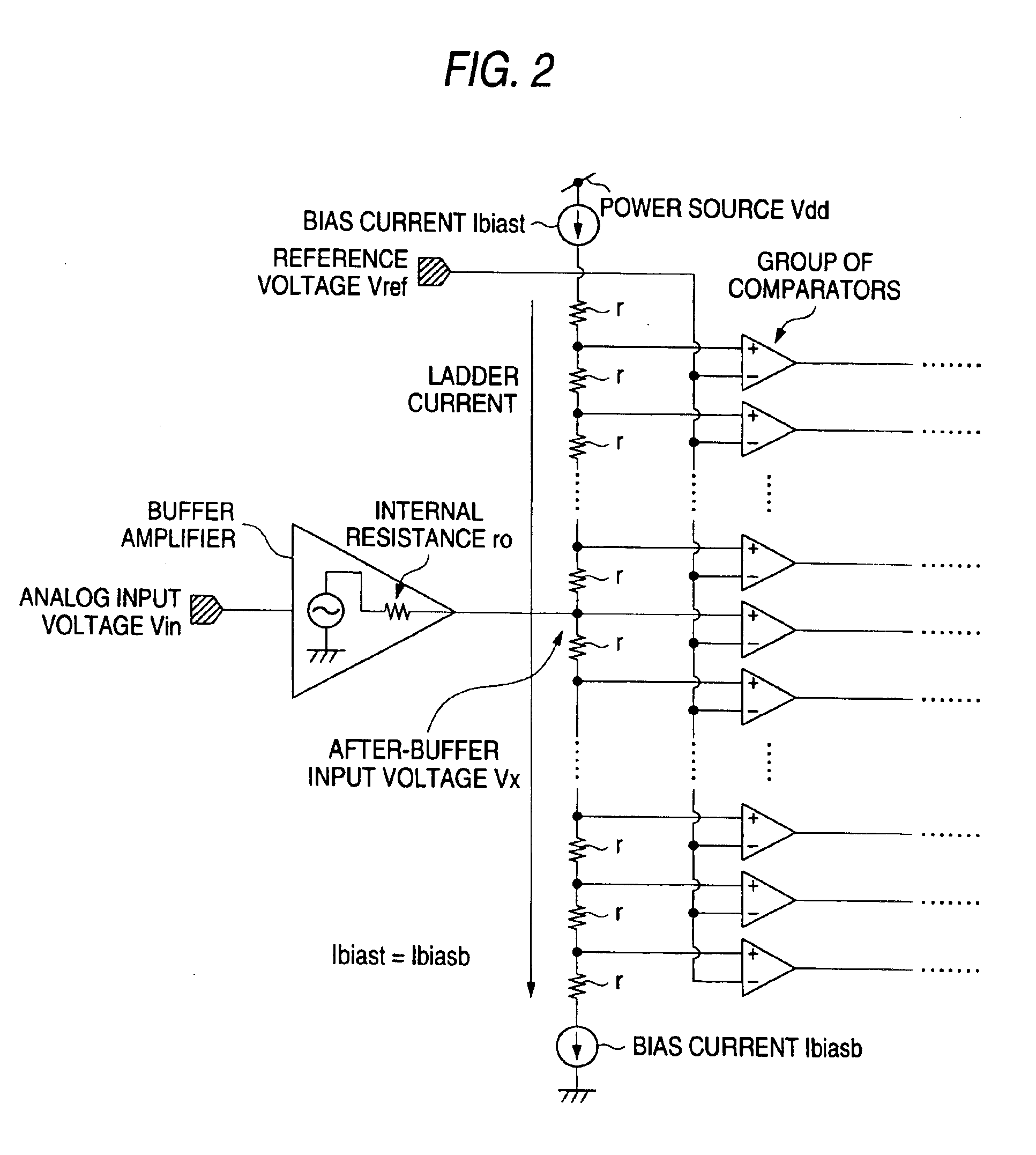 Analog to digital converter with voltage comparators that compare a reference voltage with voltages at connection points on a resistor ladder