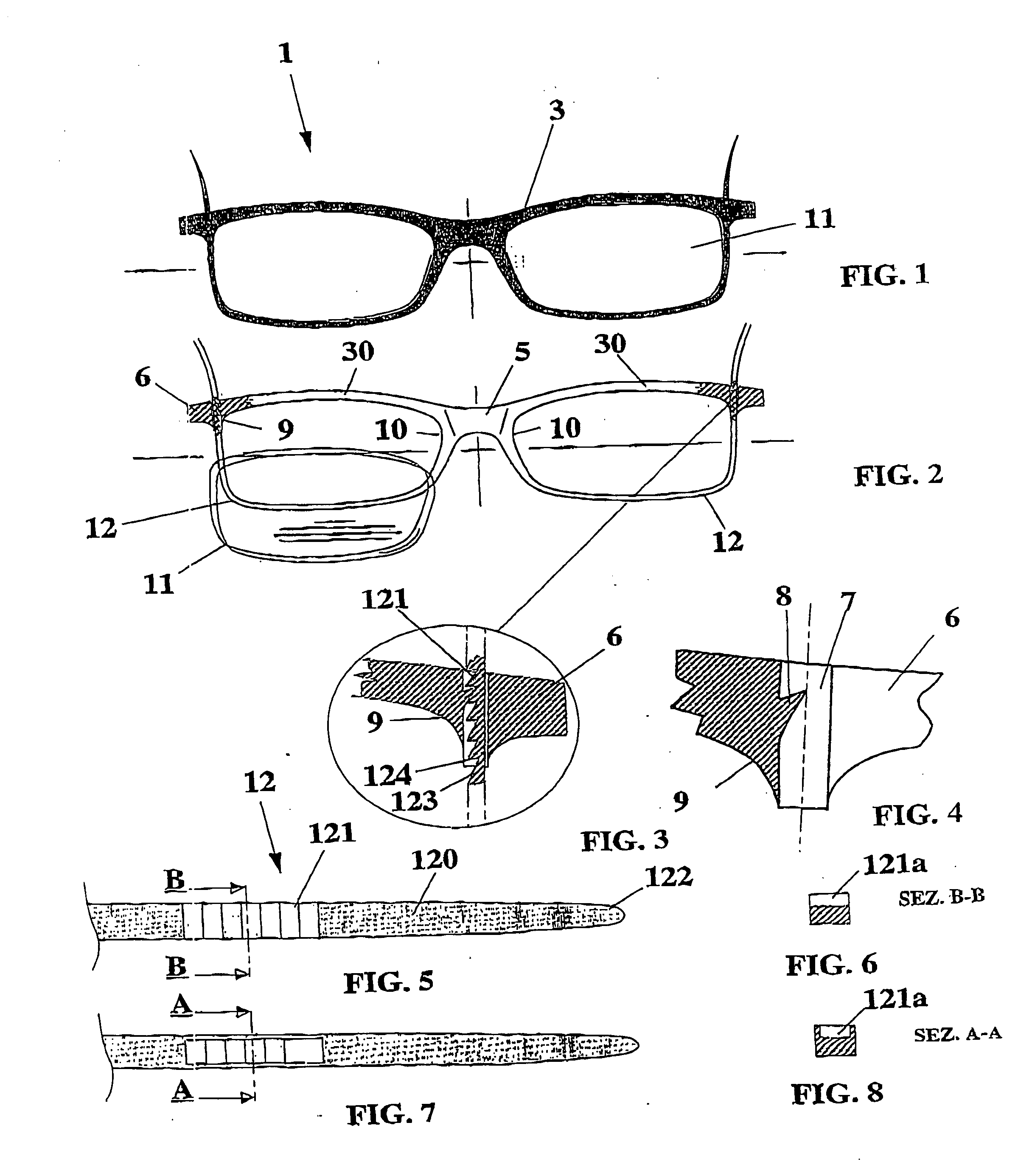Front for full-rim glasses frame with holding band device and rapid fixing of the lenses to the frame