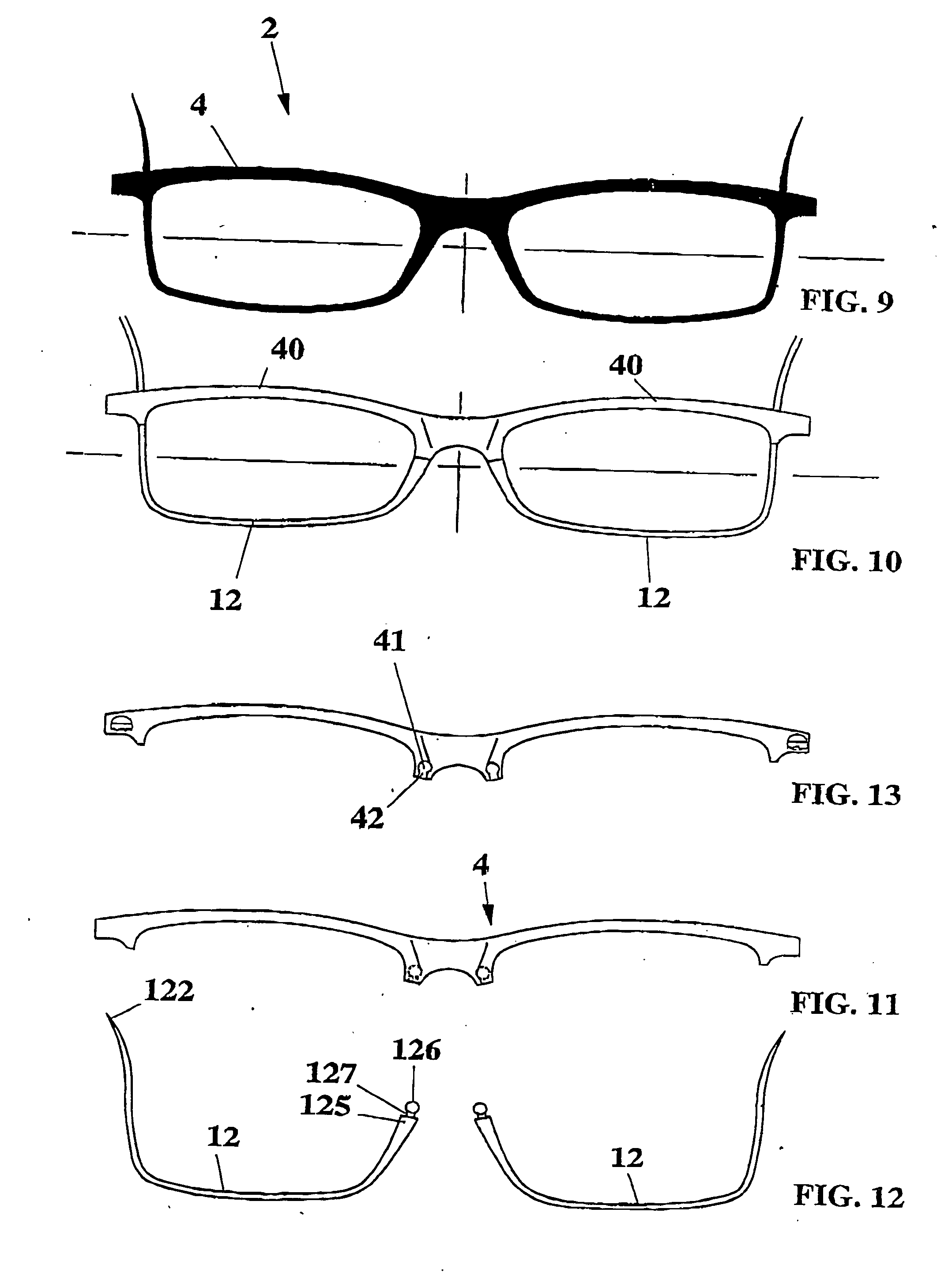 Front for full-rim glasses frame with holding band device and rapid fixing of the lenses to the frame