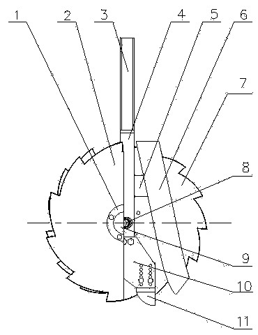 Cutaway disk type stubble breaking knife and stubble-breaking and furrowing device