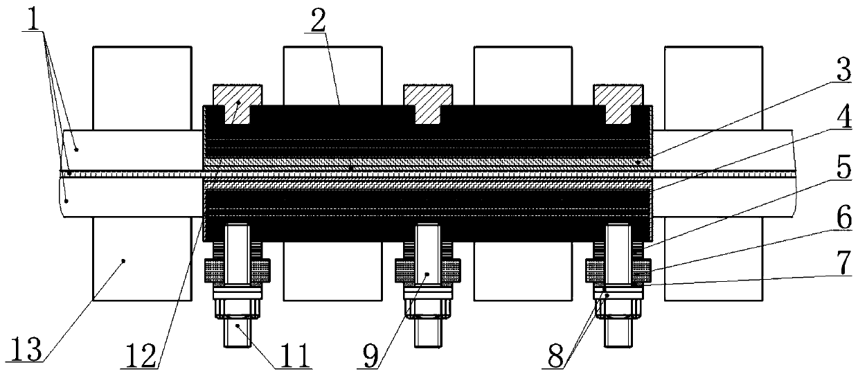 Multi-mass-sheet two-side clamping device for rail vibration reduction
