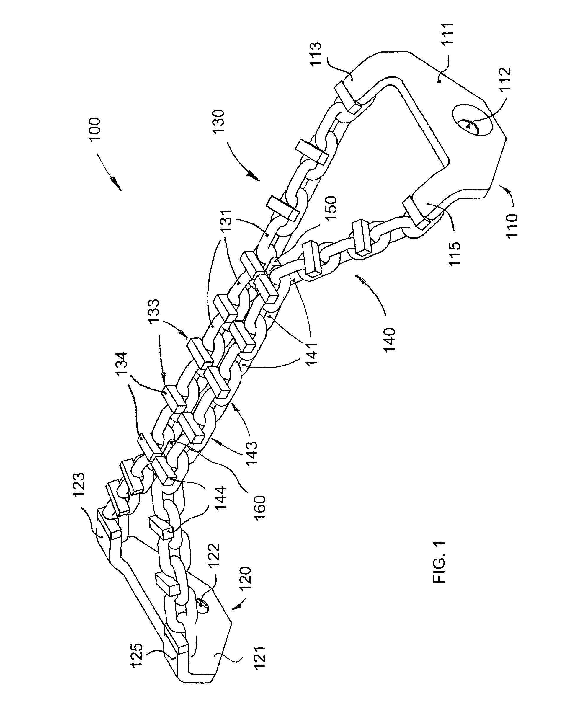 Traction chain assembly for elastomeric tracks