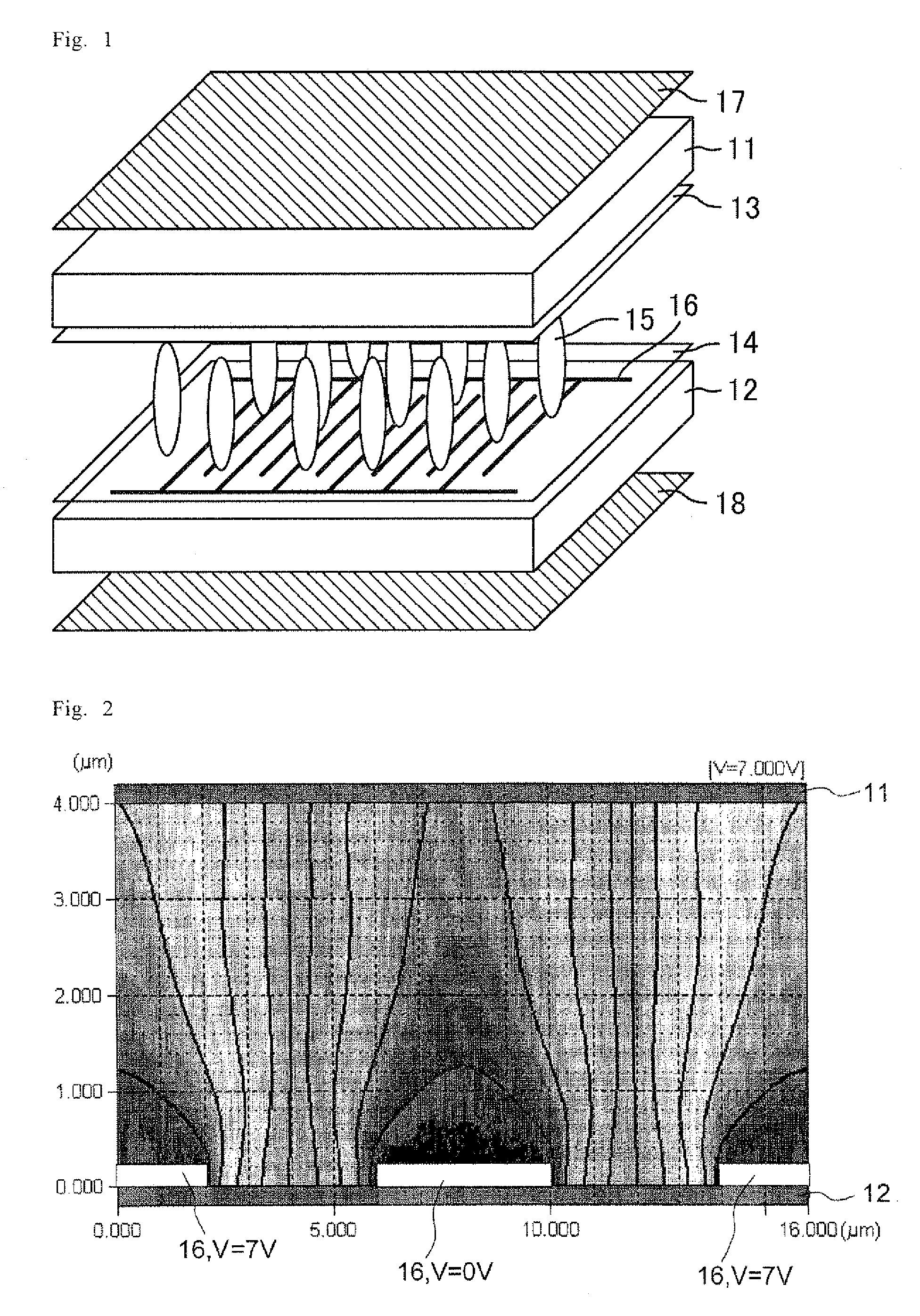 Liquid crystal display device comprising a P-type liquid crystal material and a first alignment layer having an anchoring energy