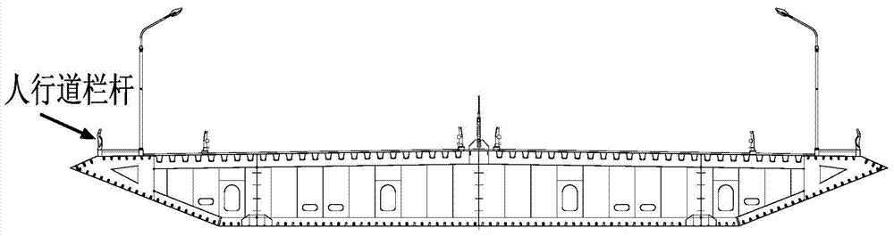 Pedestrian guard rail construction used for restraining wind-induced vibration of suspension bridge main beam structure of streamline steel box beam