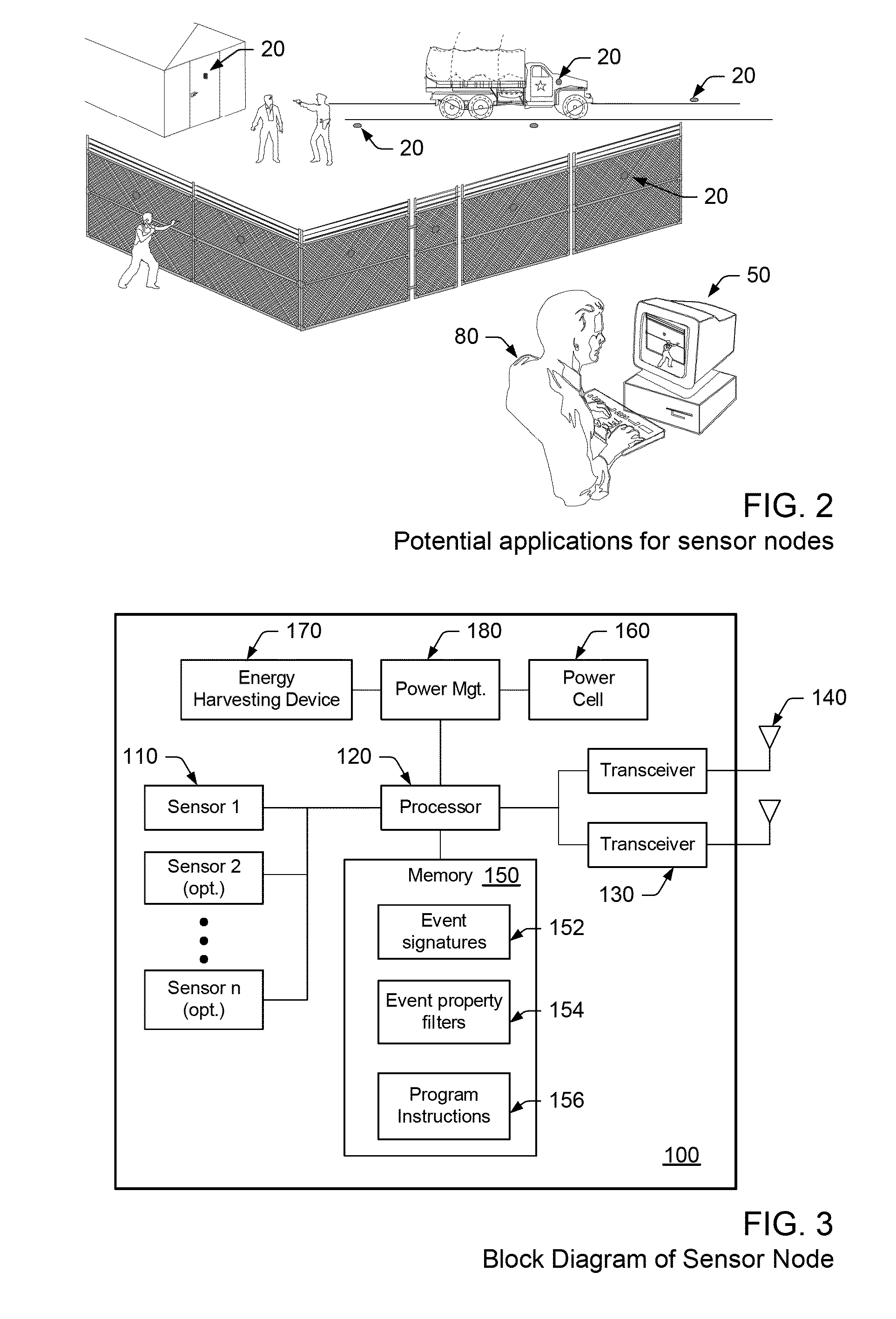 Adaptive security network, sensor node and method for detecting anomalous events in a security network