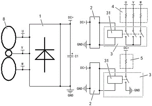 Wind driven generator braking circuit and method adopting latching relays