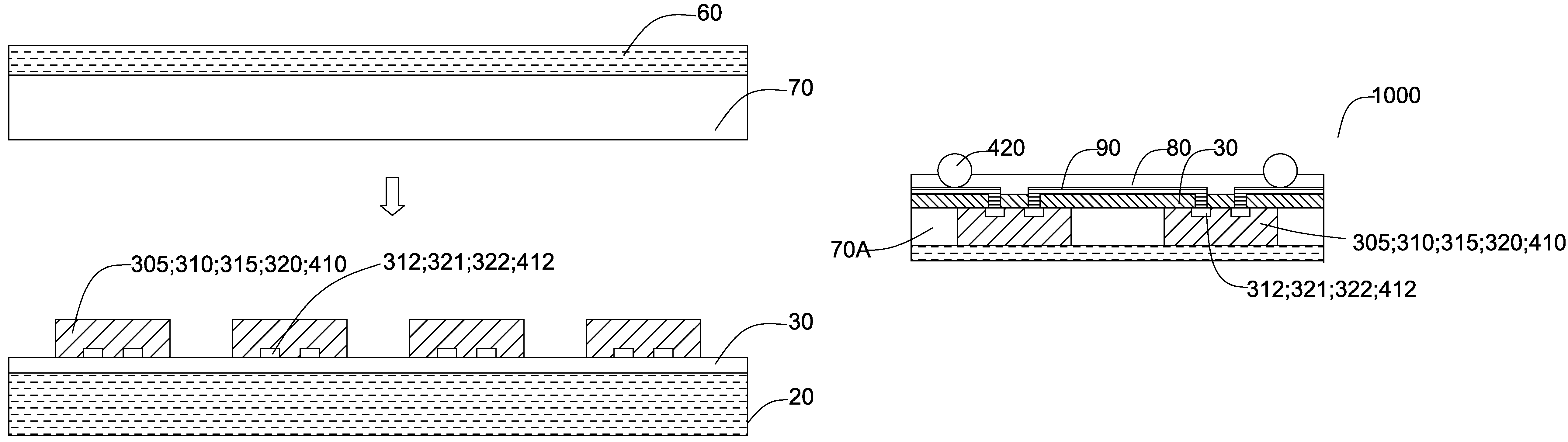Die rearrangement package structure using layout process to form a compliant configuration