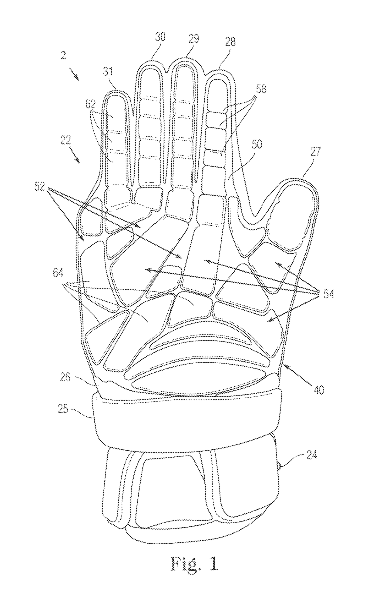 Stitchless dorsal padding for protective sports gloves and other protective gear