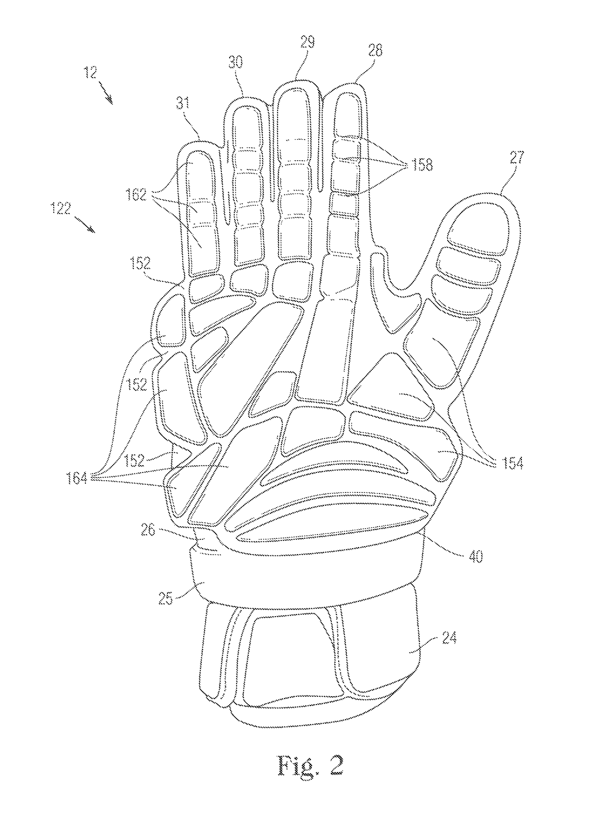 Stitchless dorsal padding for protective sports gloves and other protective gear