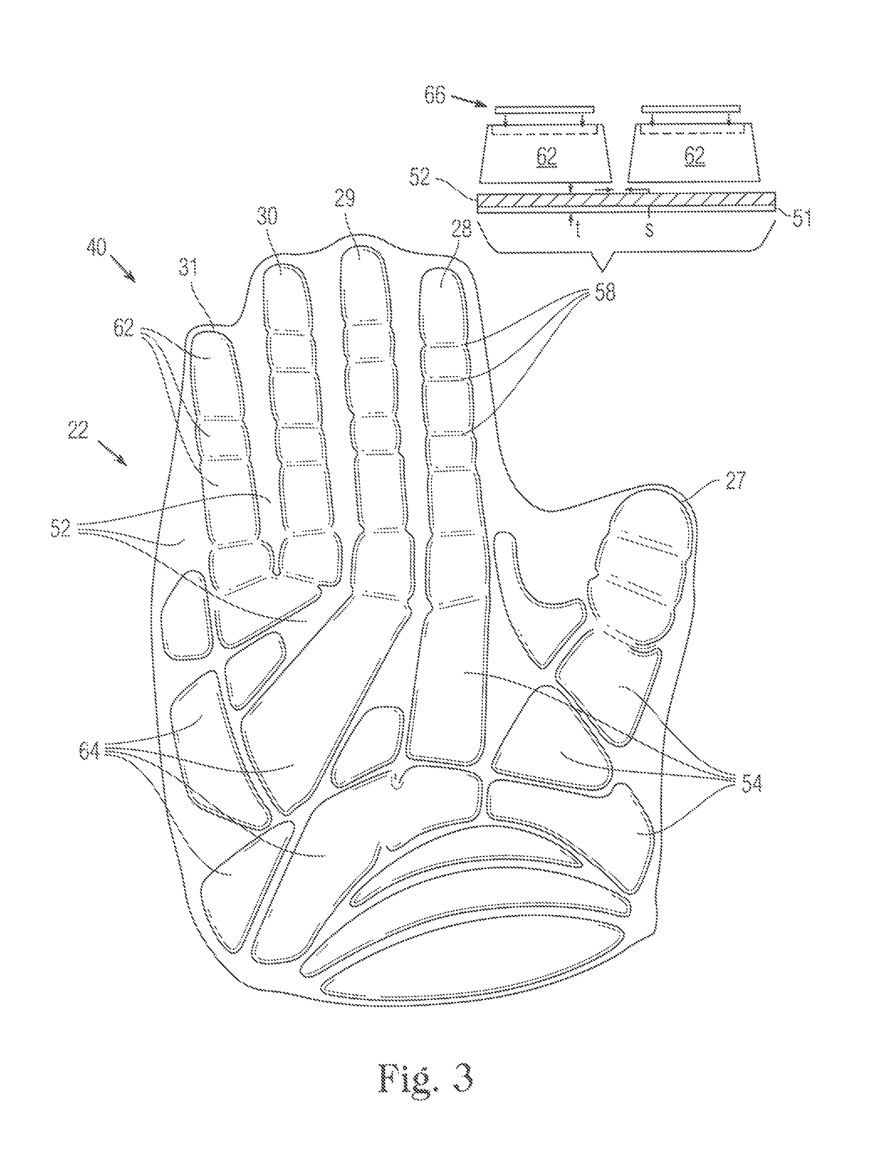 Stitchless dorsal padding for protective sports gloves and other protective gear