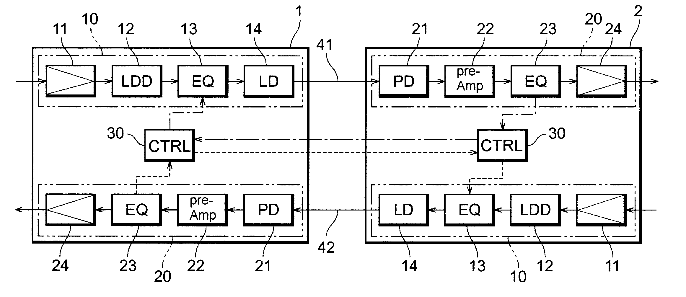 Optical transceiver with equalizing function and a method to setup the optical transceiver