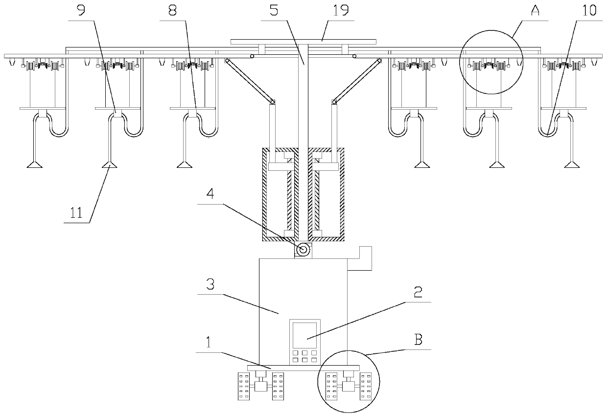 Walking type spray irrigation device with flexible structure and adjusting function