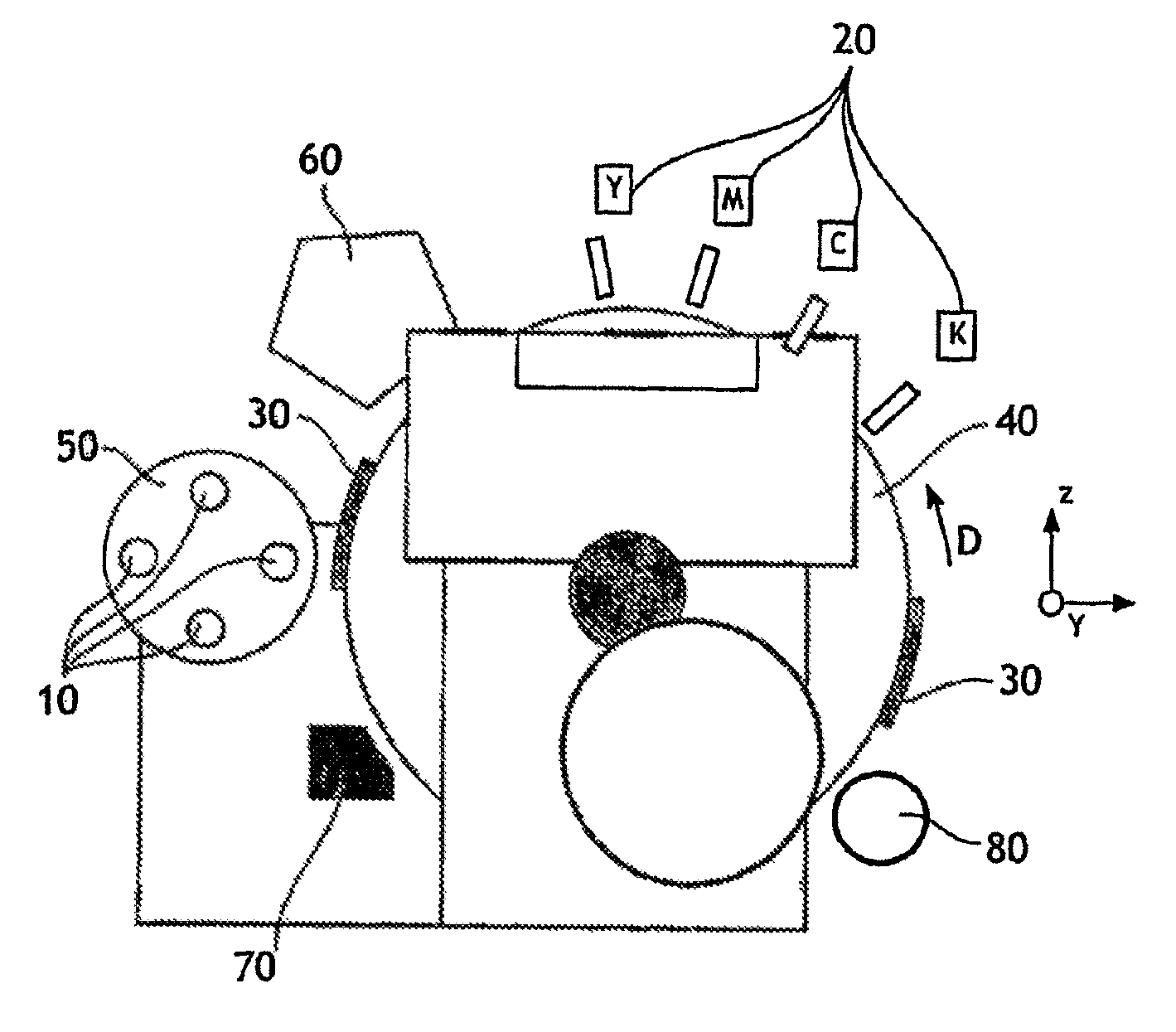 Device and method for printing by transfer onto a cylindrical printing medium