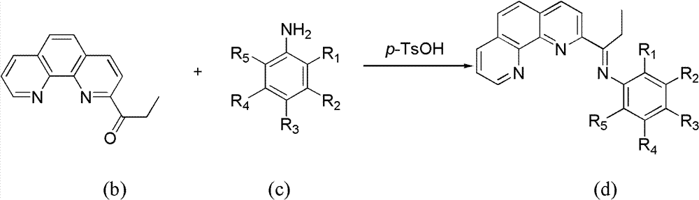 Ethylene oligomerization catalyst composition containing 1, 10-phenanthroline amino-iron (II) complex substituted by propionyl