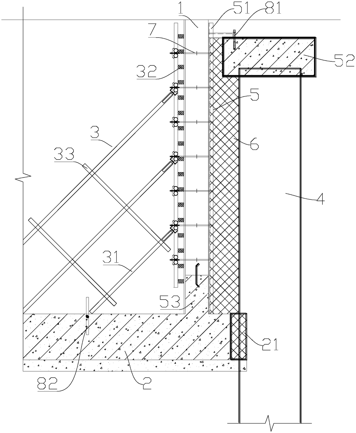 Construction structure and construction method of exterior wall in narrow space of basement