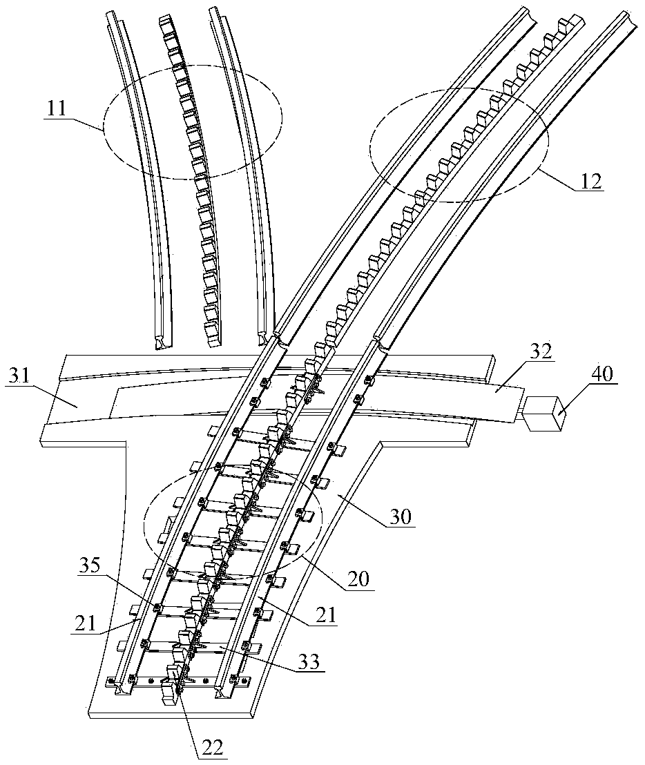 Front-end movable type toothed rail turnout switch mechanism