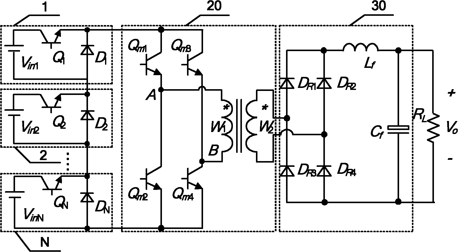 Single-primary winding voltage source type multi-input full-bridge converter